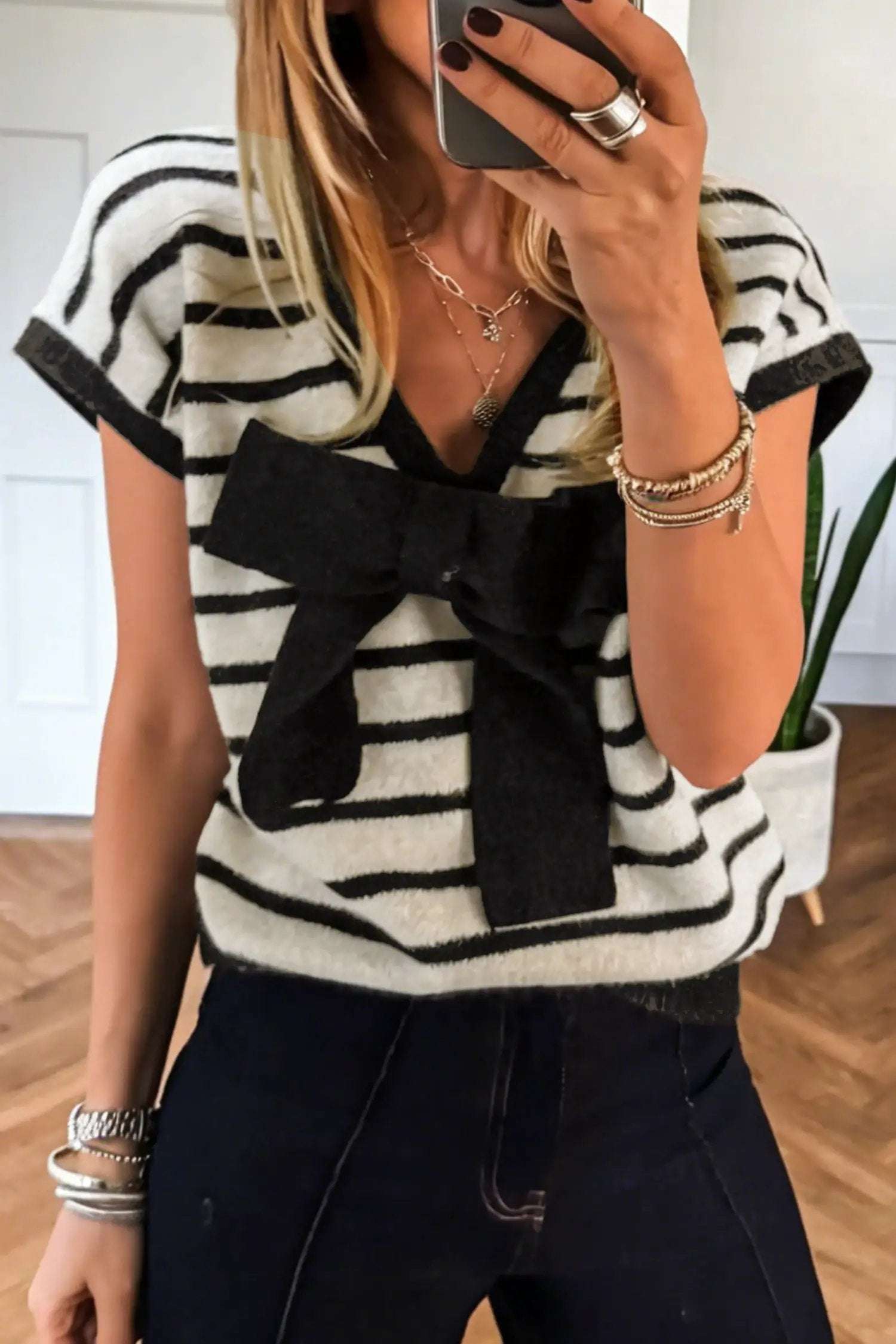 Dear-Lover Dropshipping Black Stripe Bow Applique Short Sleeve Sweater - Sweaters & Cardigans/Short Sleeve Sweaters