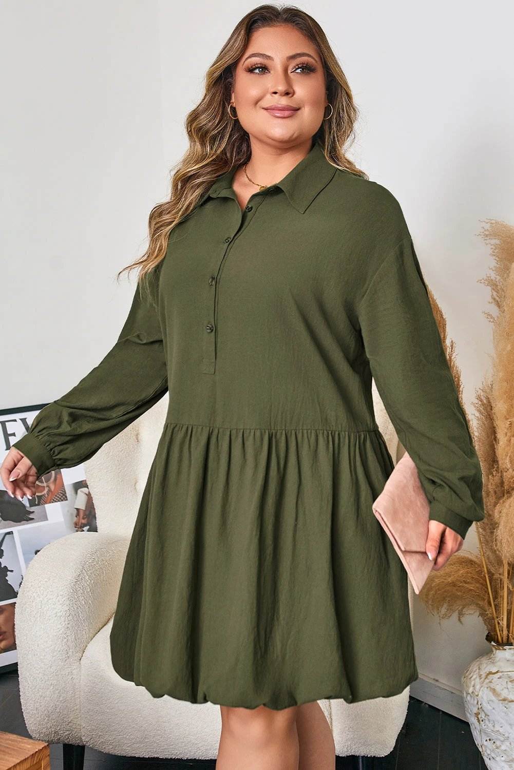 Plus size olive green collar button-front long sleeve mini dress with ruffle hem