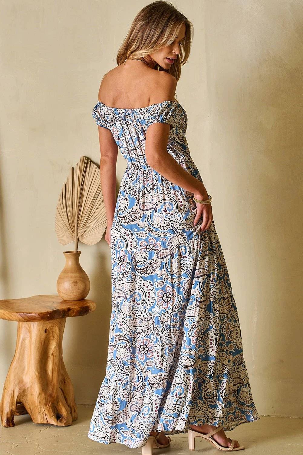 Boho Goddess off shoulder paisley floral print maxi dress in soft blue tones with adjustable waist belt