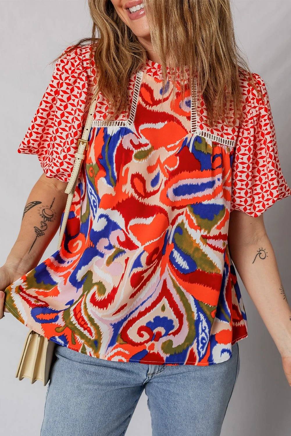 Women wearing effortless boho chic paisley geometric puff sleeve blouse top