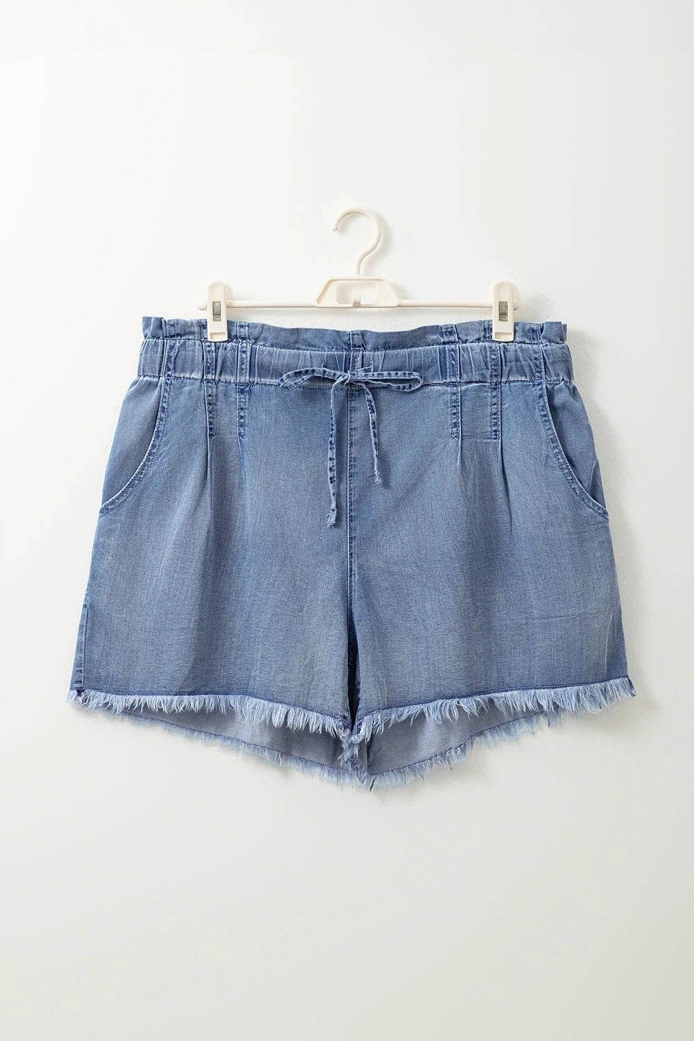 dusk blue raw hem lace-up high waist plus size denim shorts for women casual everyday outfit