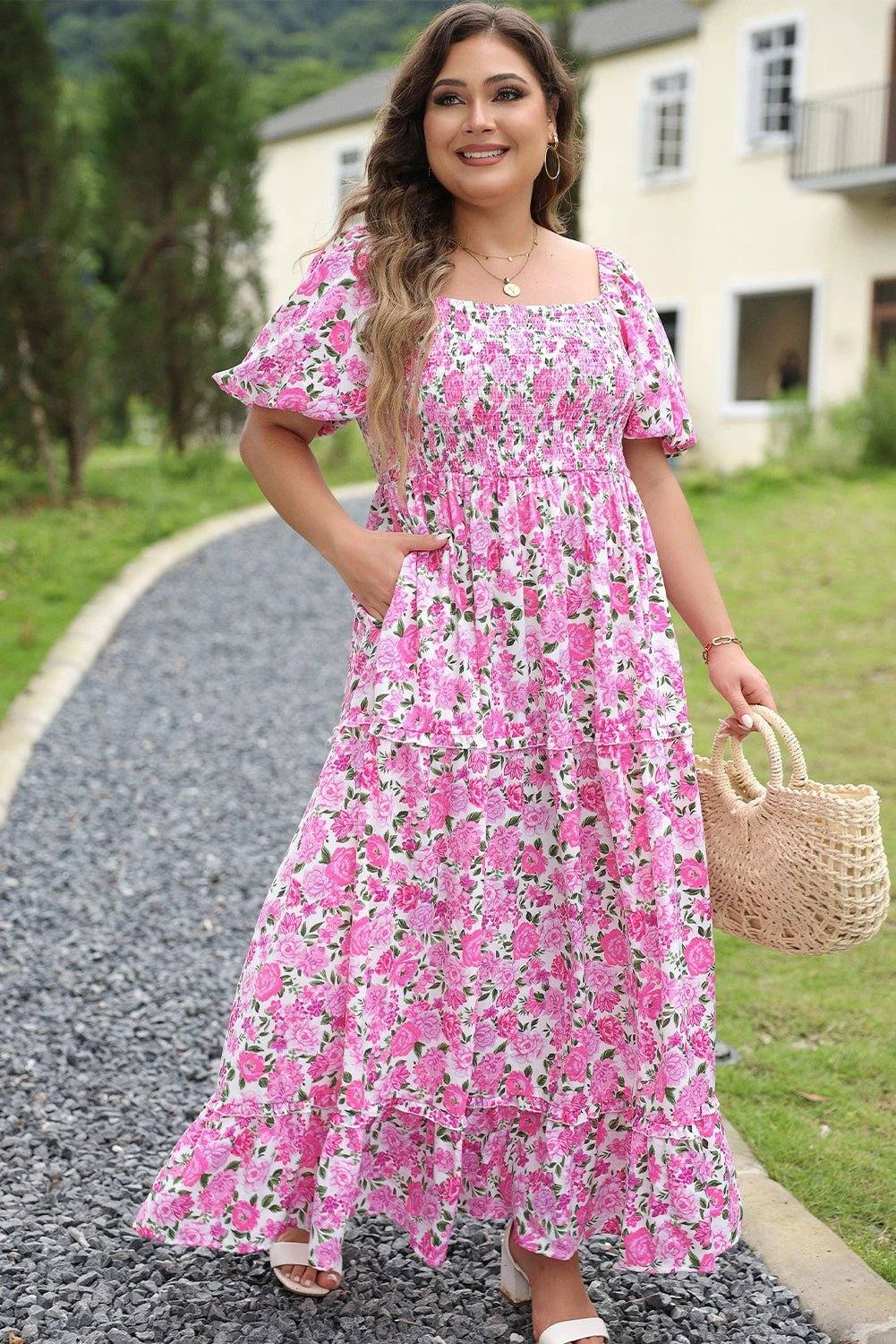pink plus size floral print smocked puff sleeve dress for women casual everyday outfit