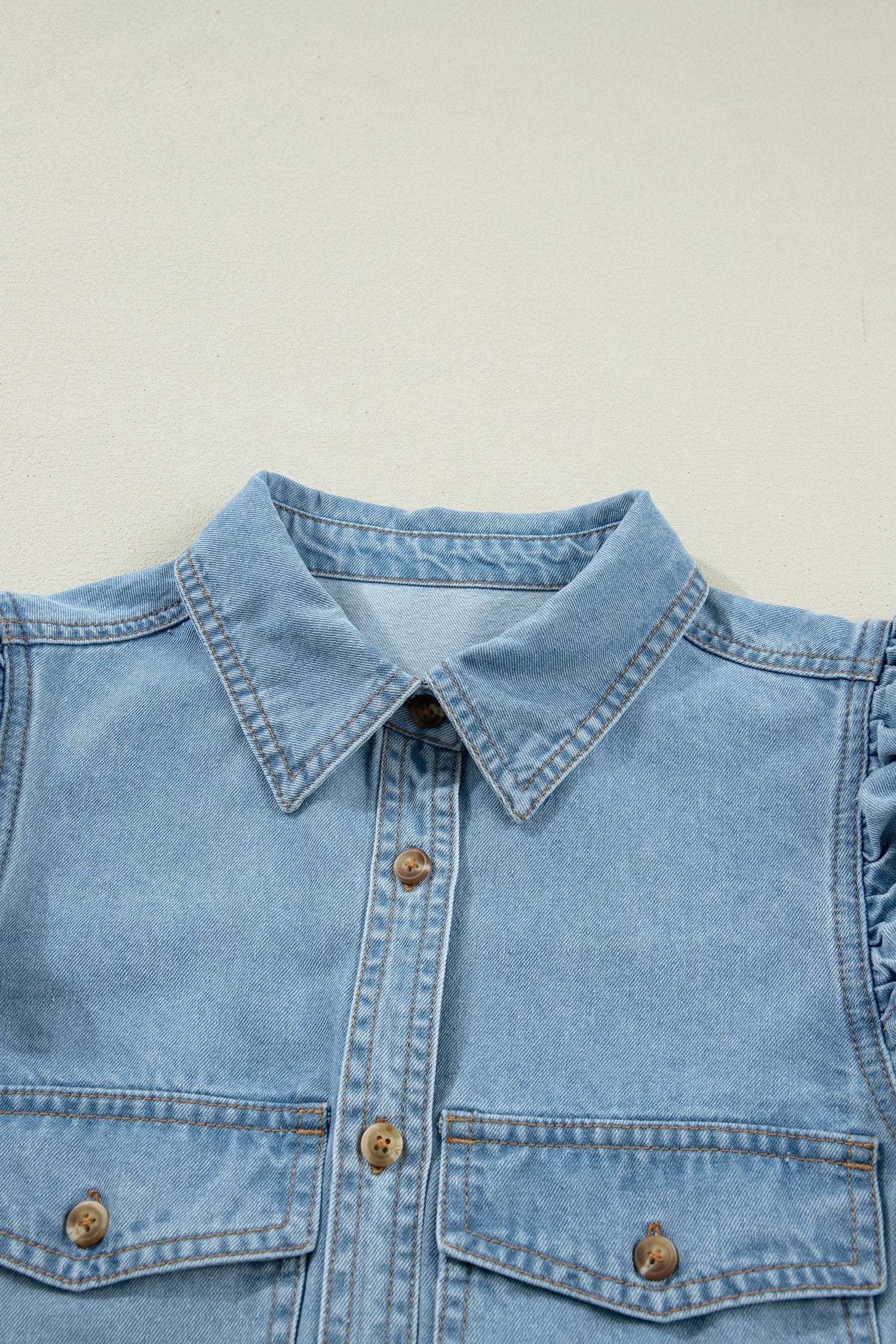 denim ruffle detail short puff sleeve button down flap pocket denim shirt for women casual everyday outfit