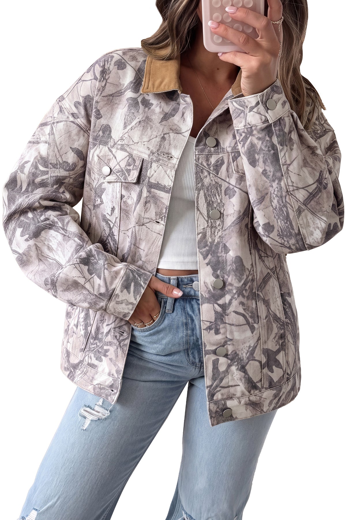 Abstract Camo Print Color Block Collar Oversized Shift Silhouette Denim Jacket