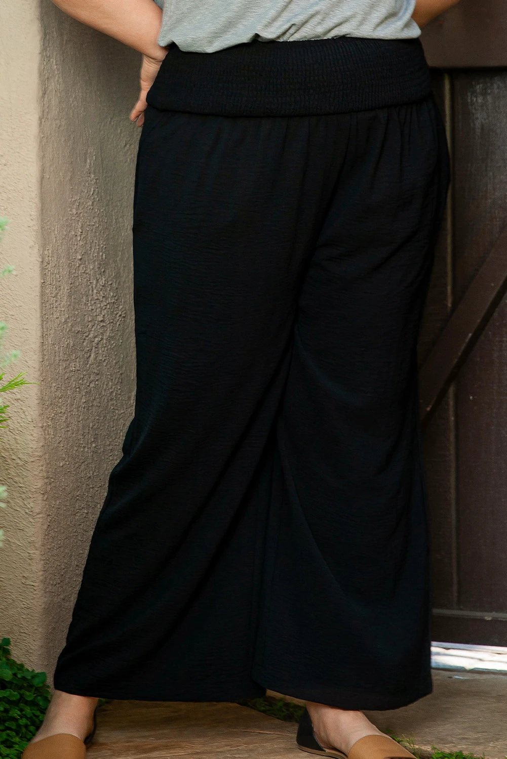 black shirred high waist plus size wide leg pants for women casual everyday outfit