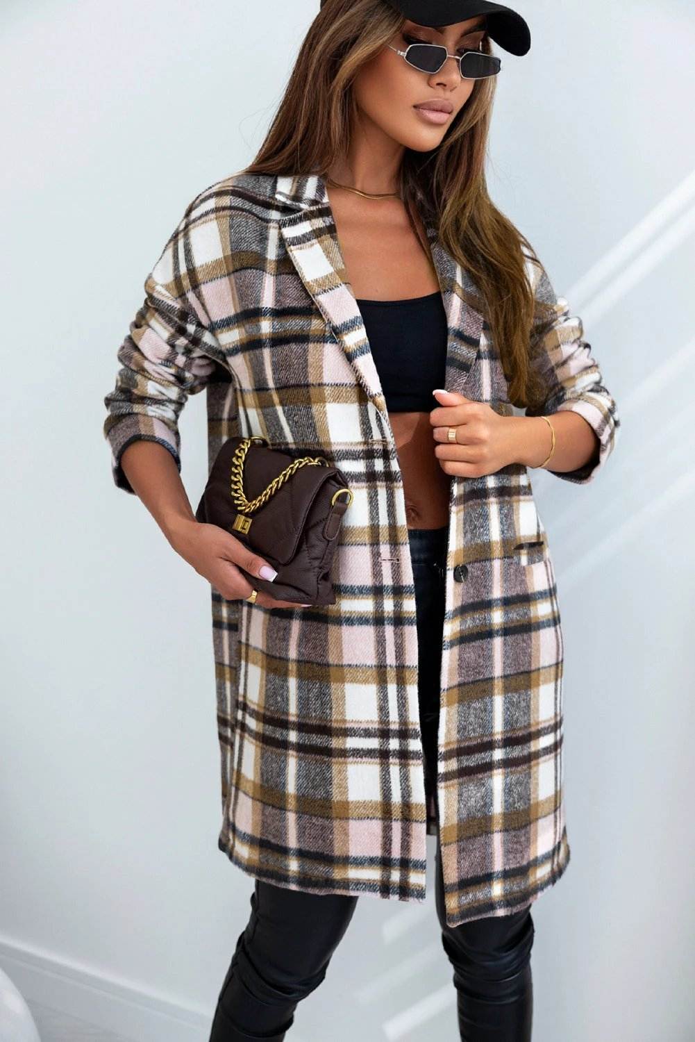 Cozy Mom Confidence plaid button-up lapel jacket with relaxed longline fit and classic plaid print