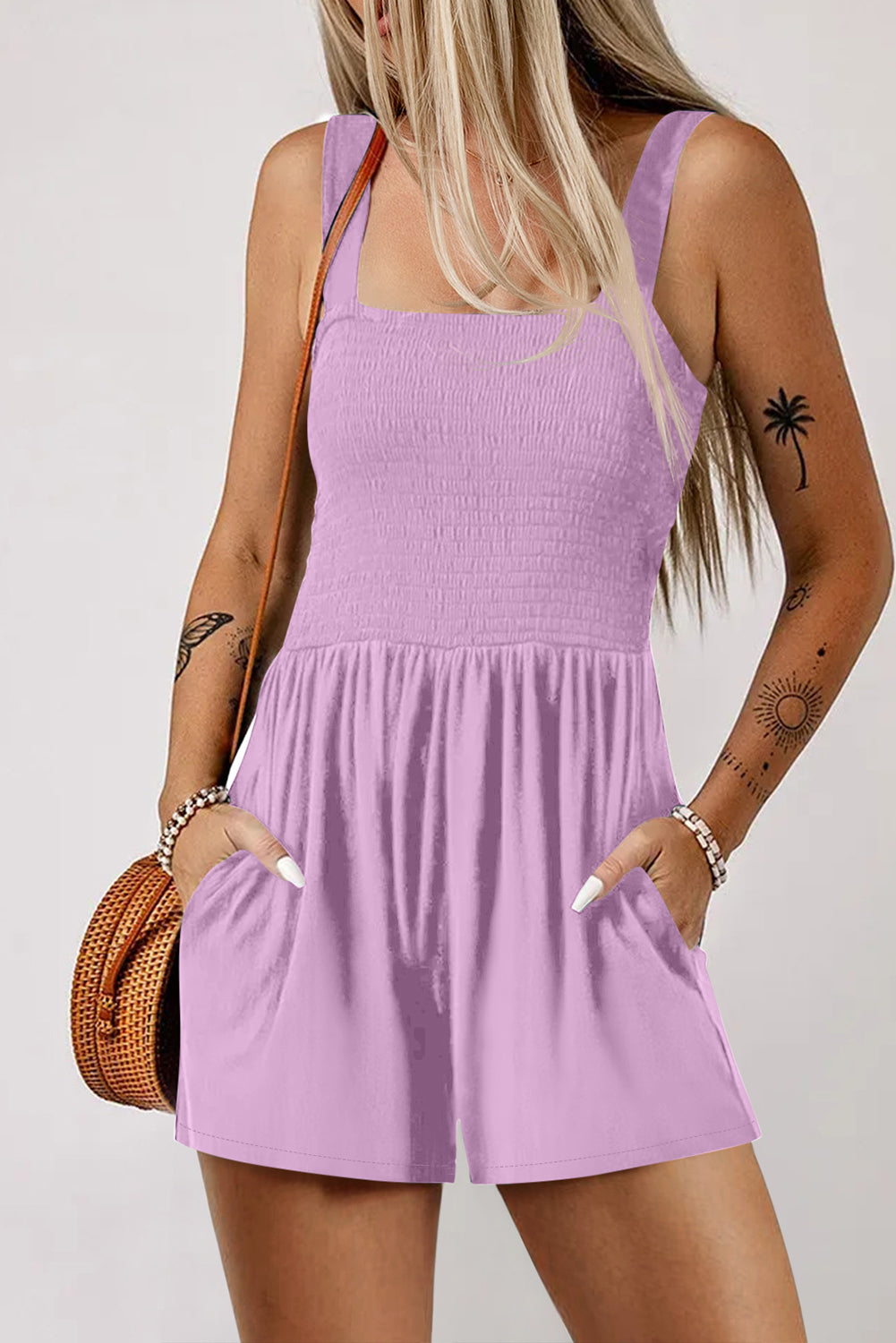 Ginger Pocketed Smocked Sleeveless Romper — women's casual romper | J&H Apparel
