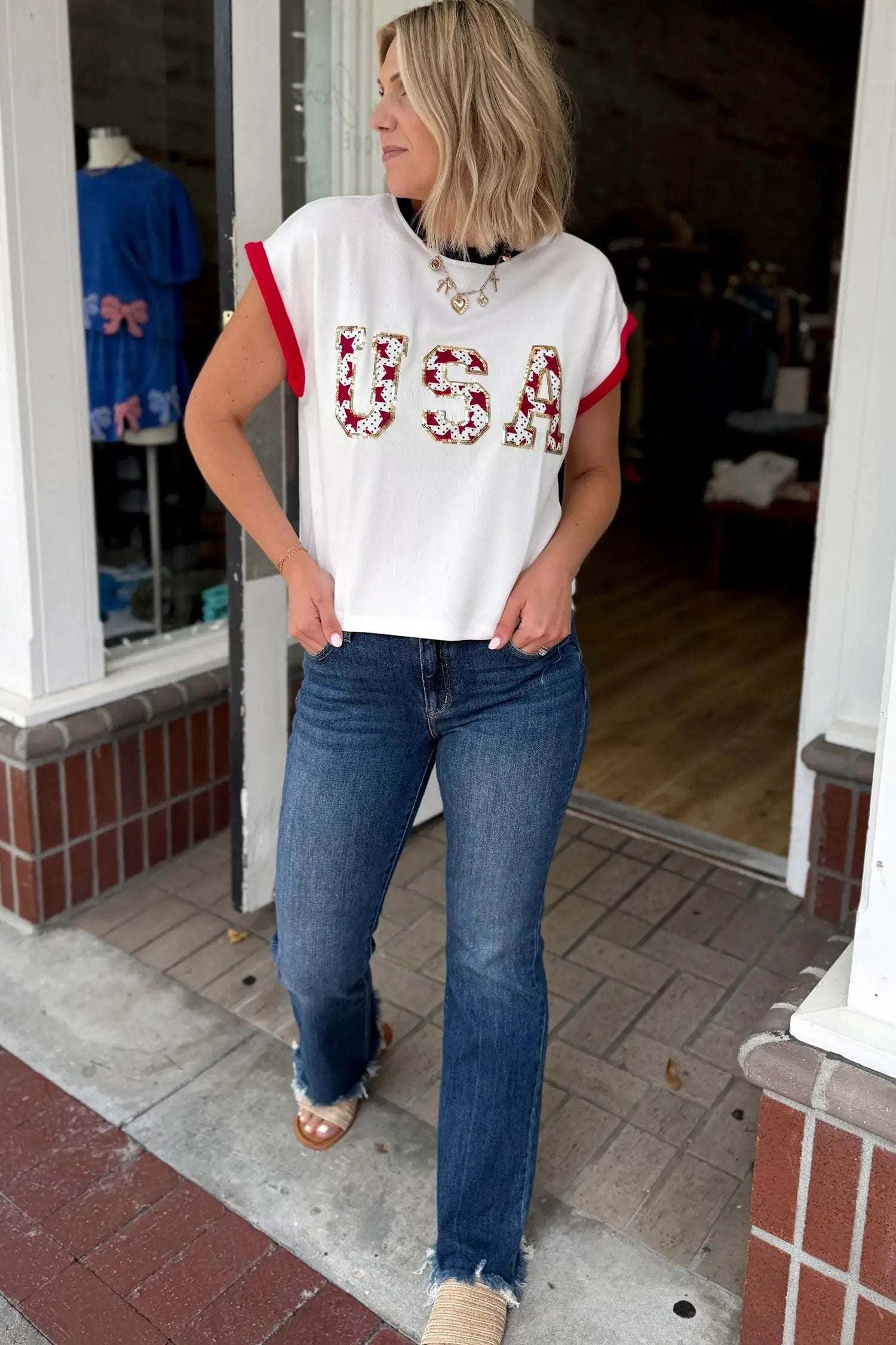 Star-Spangled Shine USA sequin color-block trim loose T-shirt with relaxed fit and patriotic design