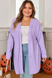 Plus size lavender waffle knit button front cardigan with longline relaxed fit and pearlescent buttons