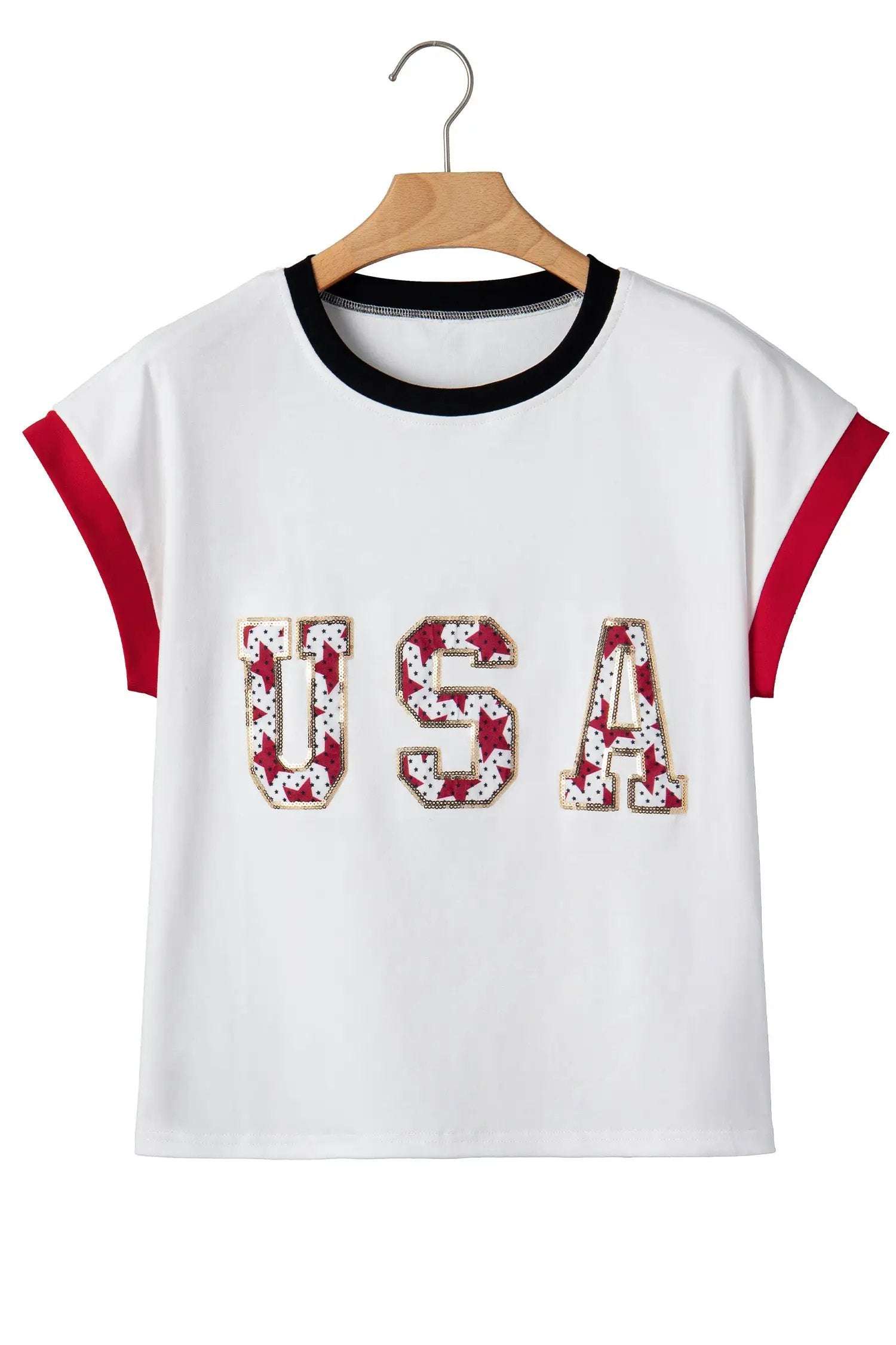 Star-Spangled Shine USA sequin color-block trim loose T-shirt with relaxed fit