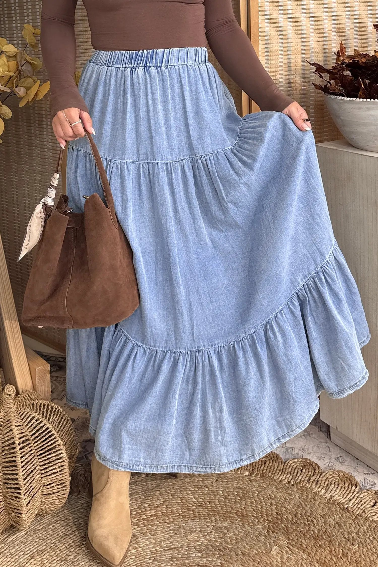 Dear-Lover Dropshipping Beau Blue Elastic Waist Ruffled Tiered Flared Denim Maxi Skirt - Bottoms/Skirts & Petticoat