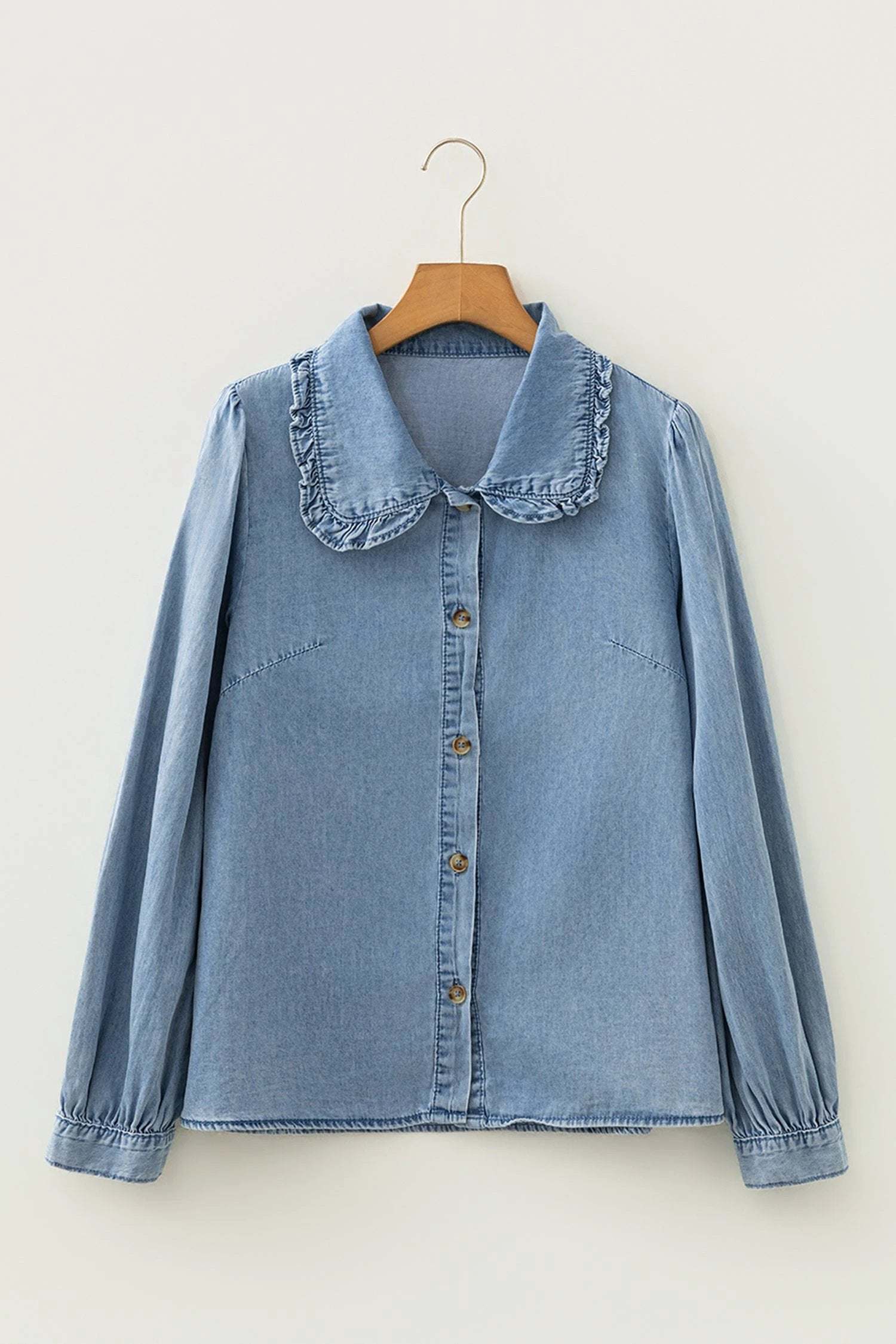 Soft Denim Blue ruffled peter pan collar western denim shirt for women casual everyday outfit