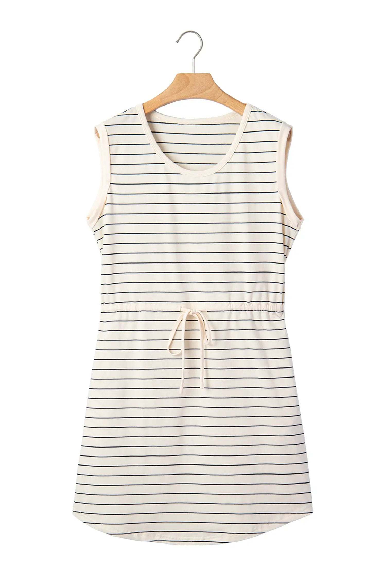 J&H Apparel Beige Stripe Drawstring Tunic Tank Mini Dress with Pockets - Dresses Dresses/Mini Dresses