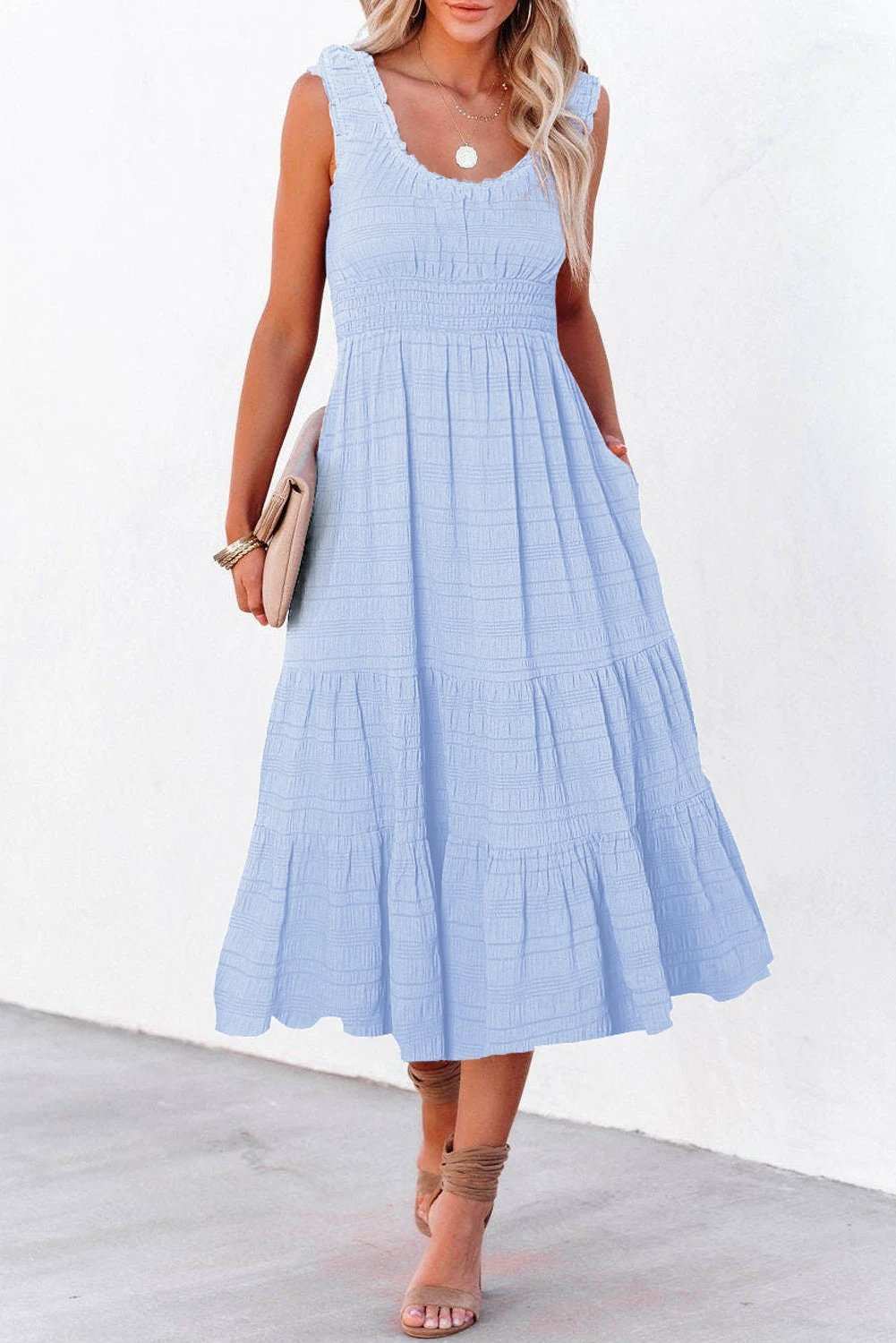 Sleeveless Midi Dress with shirred pleated square-neck bodice and tiered skirt