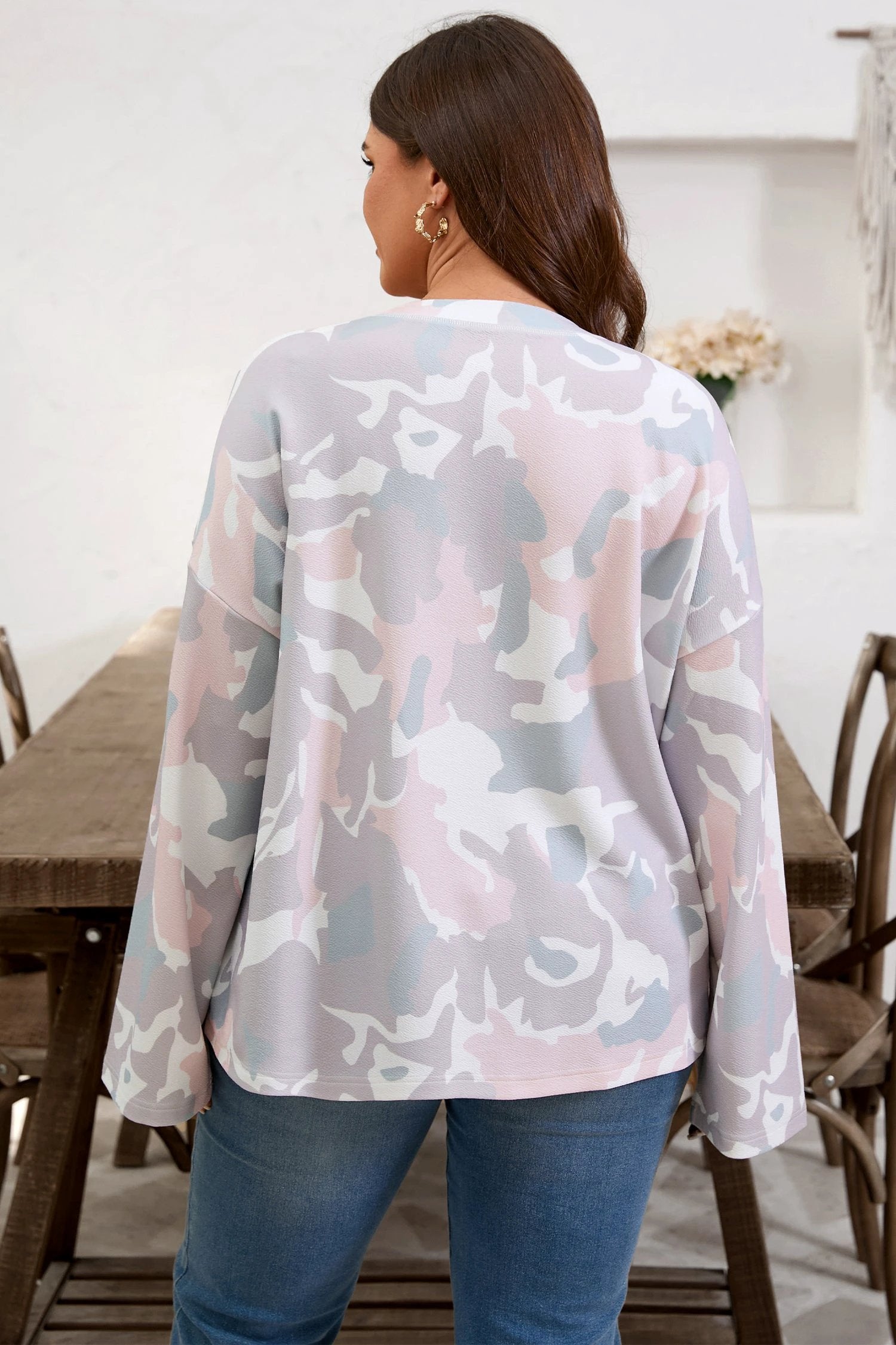 green plus size camouflage print drop shoulder loose pullover top for women casual everyday outfit