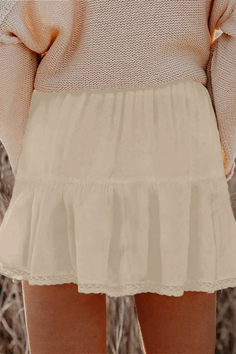 white plus size frilled elastic waist lace trim boho ruffled shorts for women casual everyday outfit