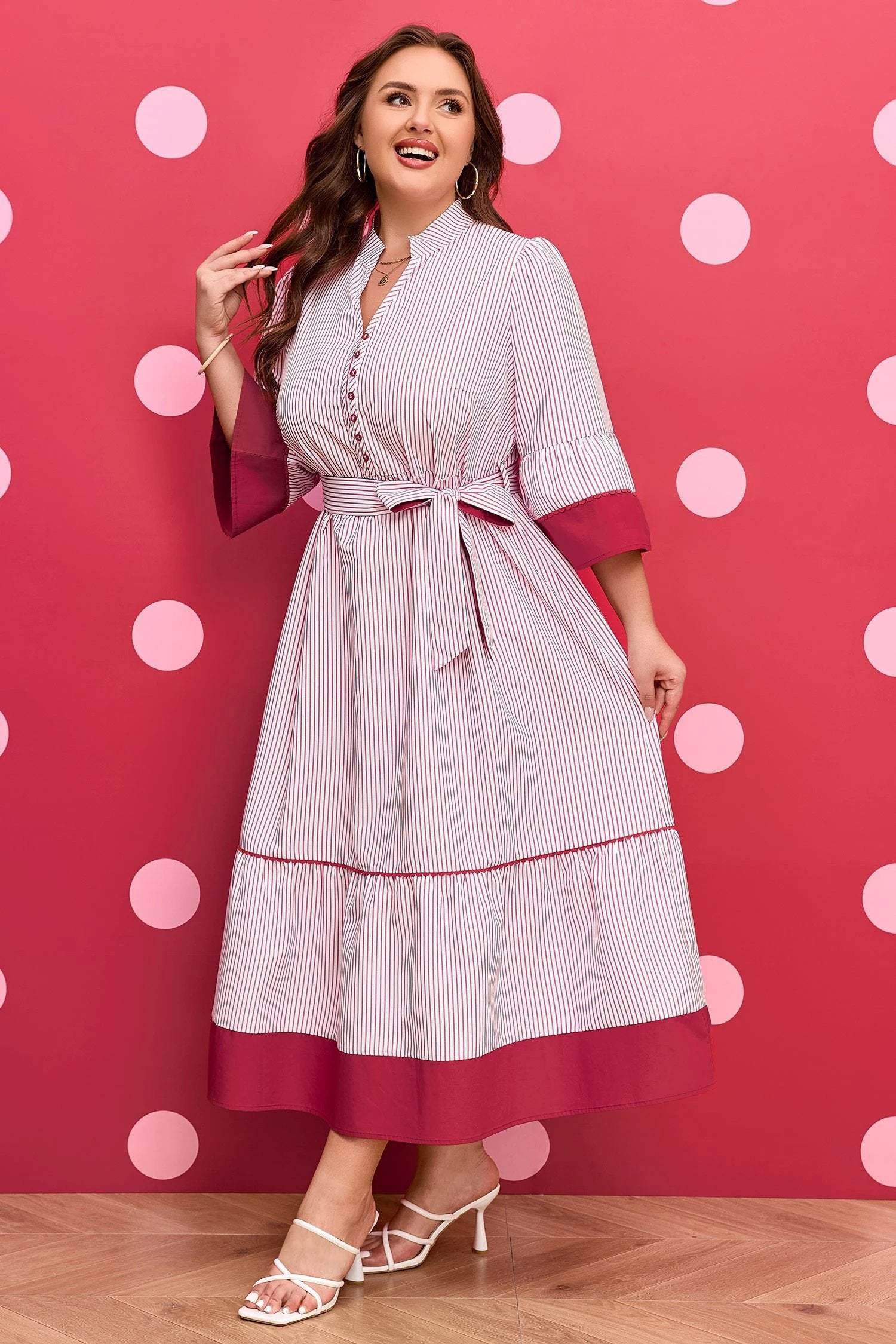 red stripe plus size ruffled hem pinstriped midi dress for women casual everyday outfit
