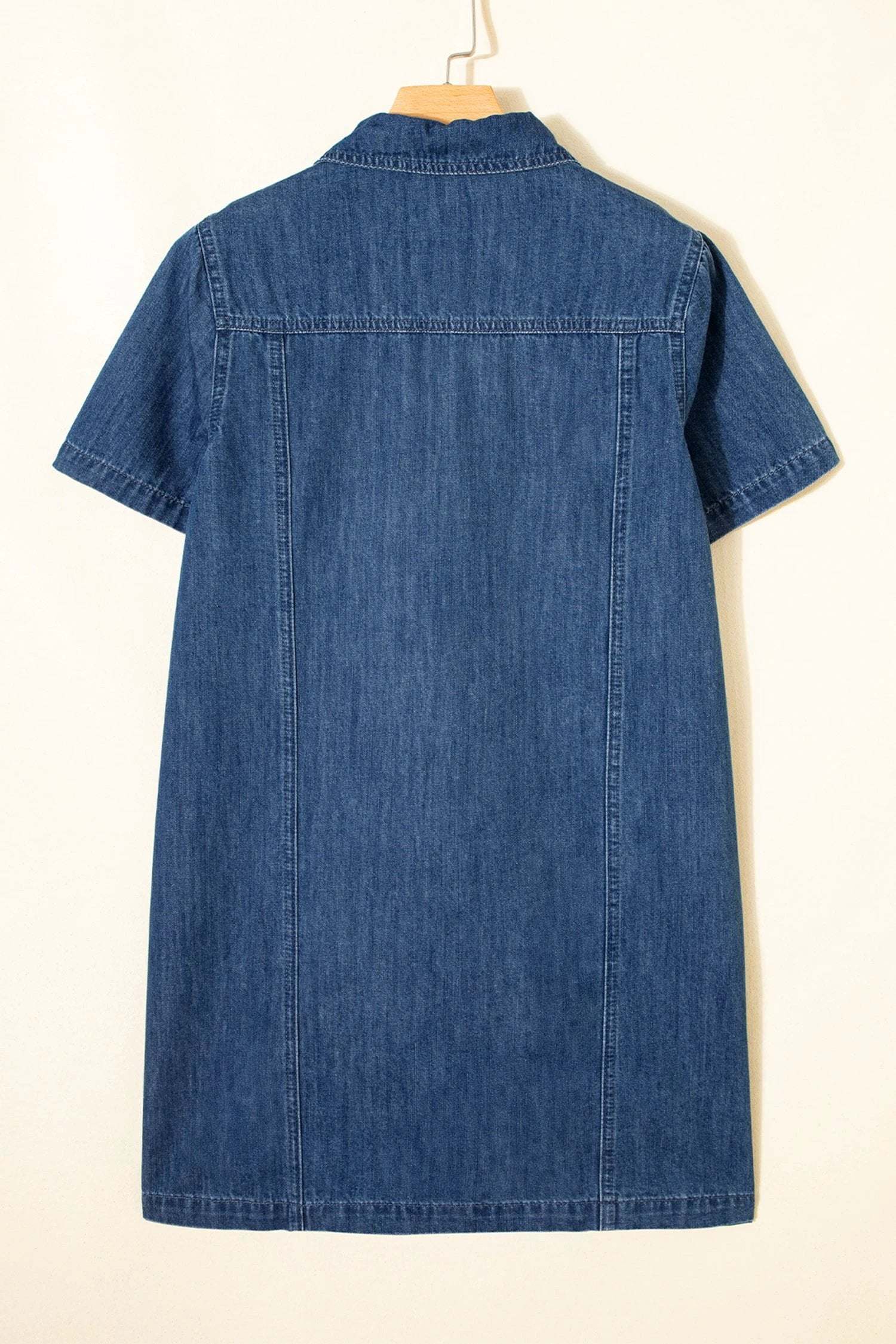 Mom Chic denim zip-front collared mini dress with short sleeves and A-line fit