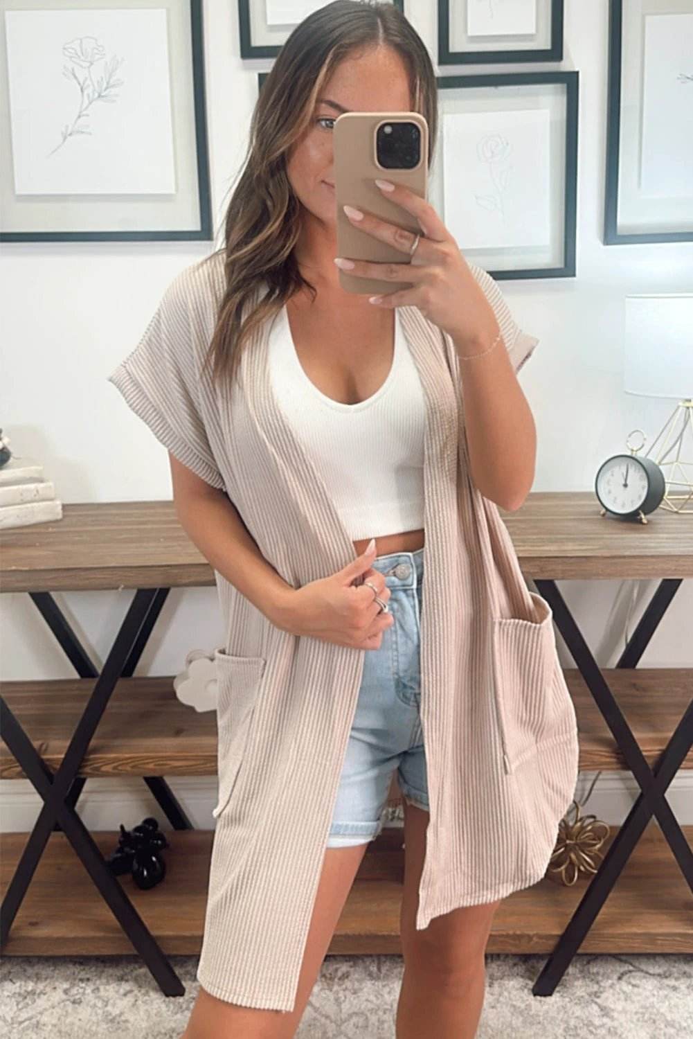parchment ribbed pocketed short sleeve open front top for women casual everyday outfit
