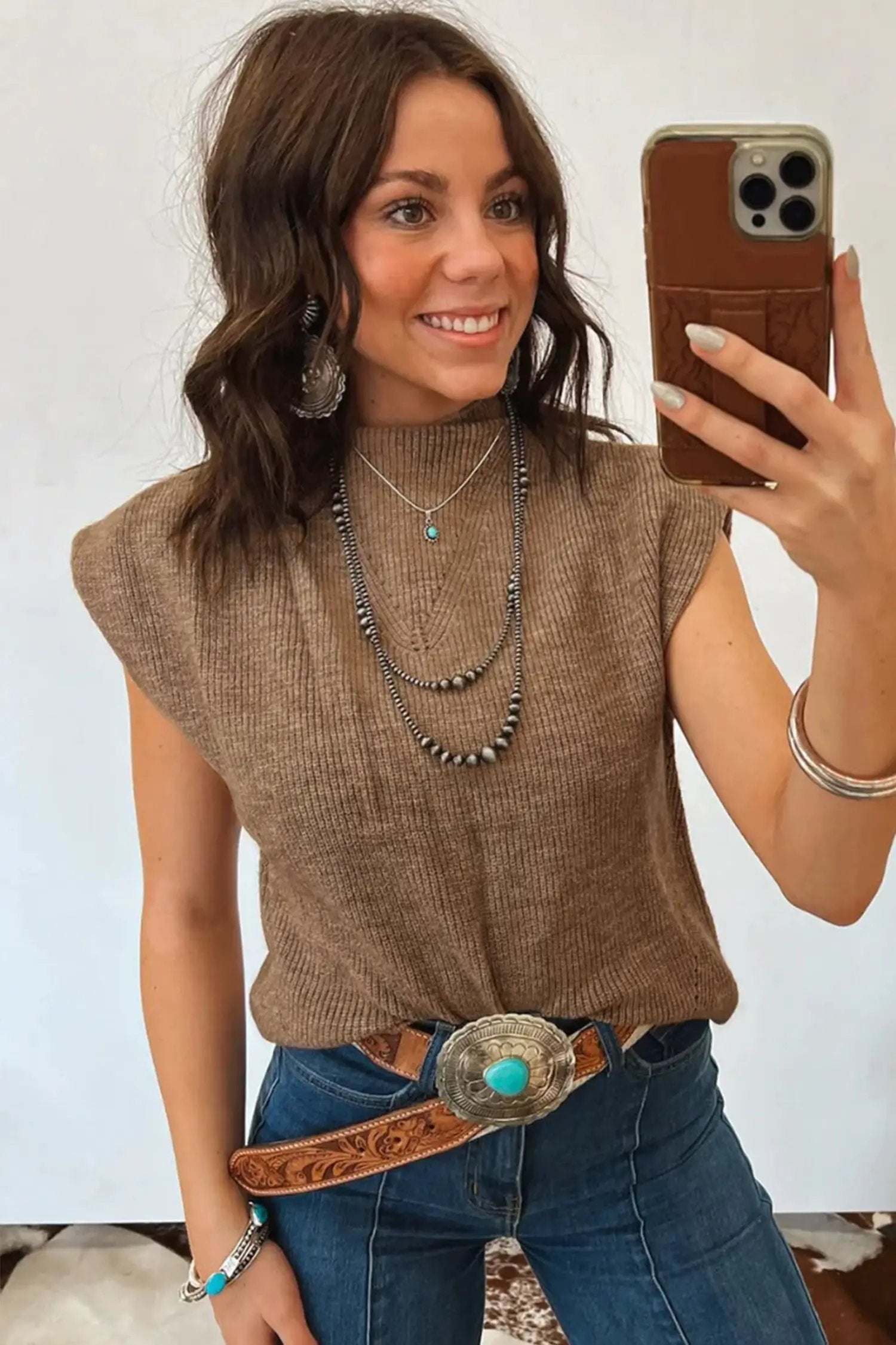Caramel brown ribbed knit top