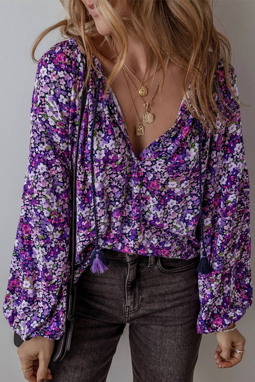 Purple floral Boho Bloom blouse with split V-neck and bubble sleeves