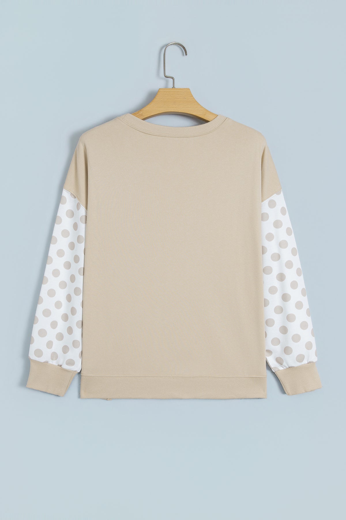 Khaki Polka Dot Patchwork Sleeve Crew Neck Loose Pullover Sweatshirt