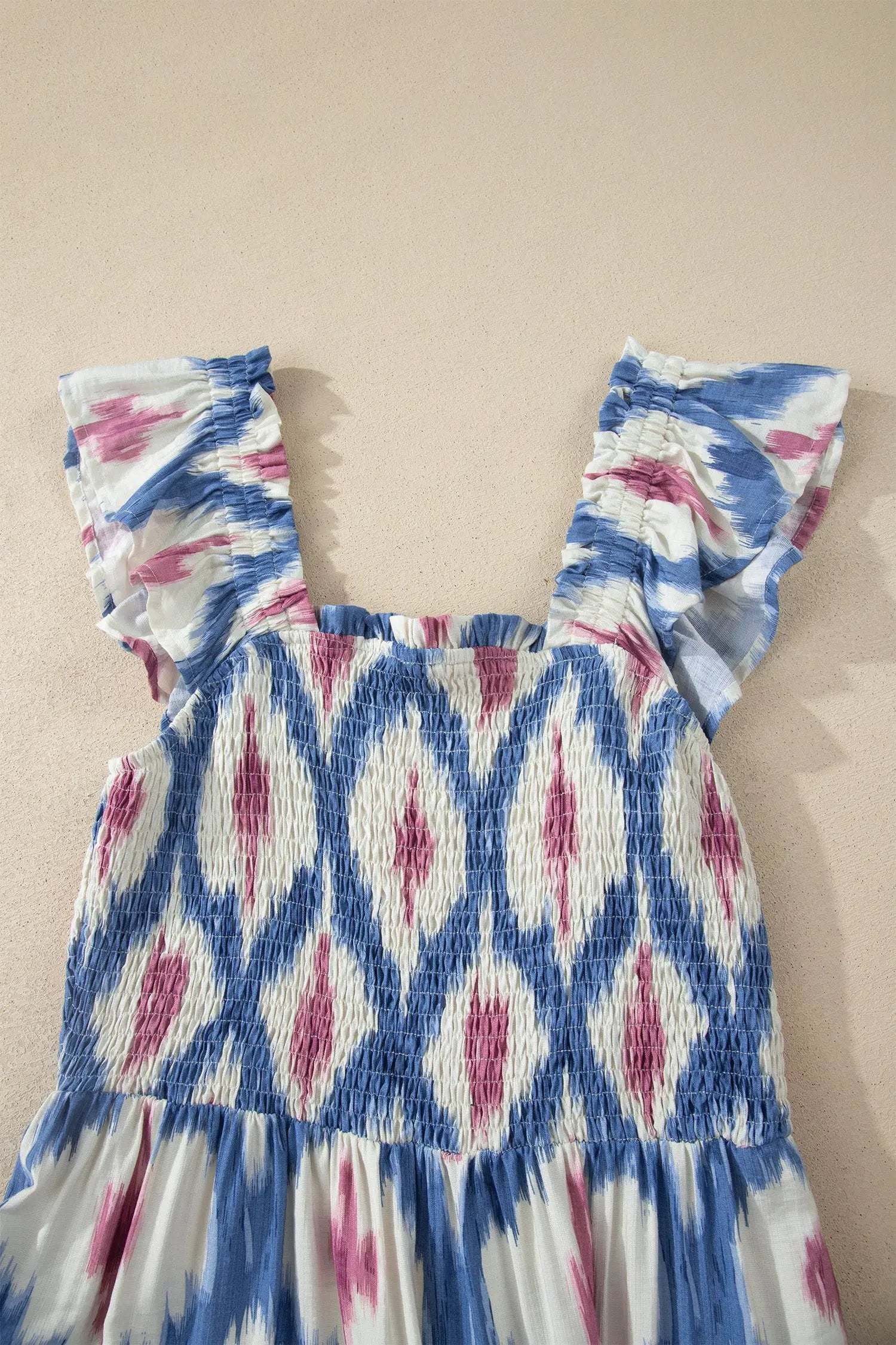 Boho vacation vibes geometric print square neck smocked waist aline dress with ruffle sleeves