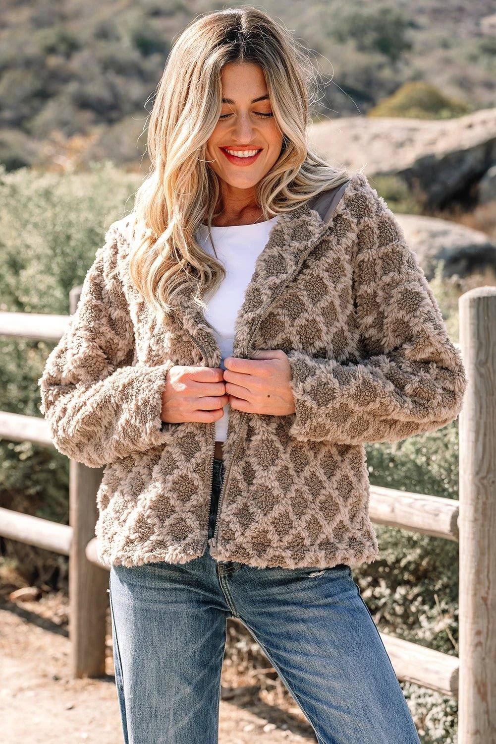 Cozy Confidence sherpa rhombus zip-up hooded bomber jacket with side pockets and plush texture