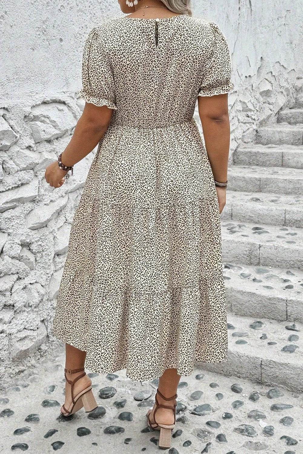 Plus size Everyday Goddess leopard print dress with frill trim and short sleeves