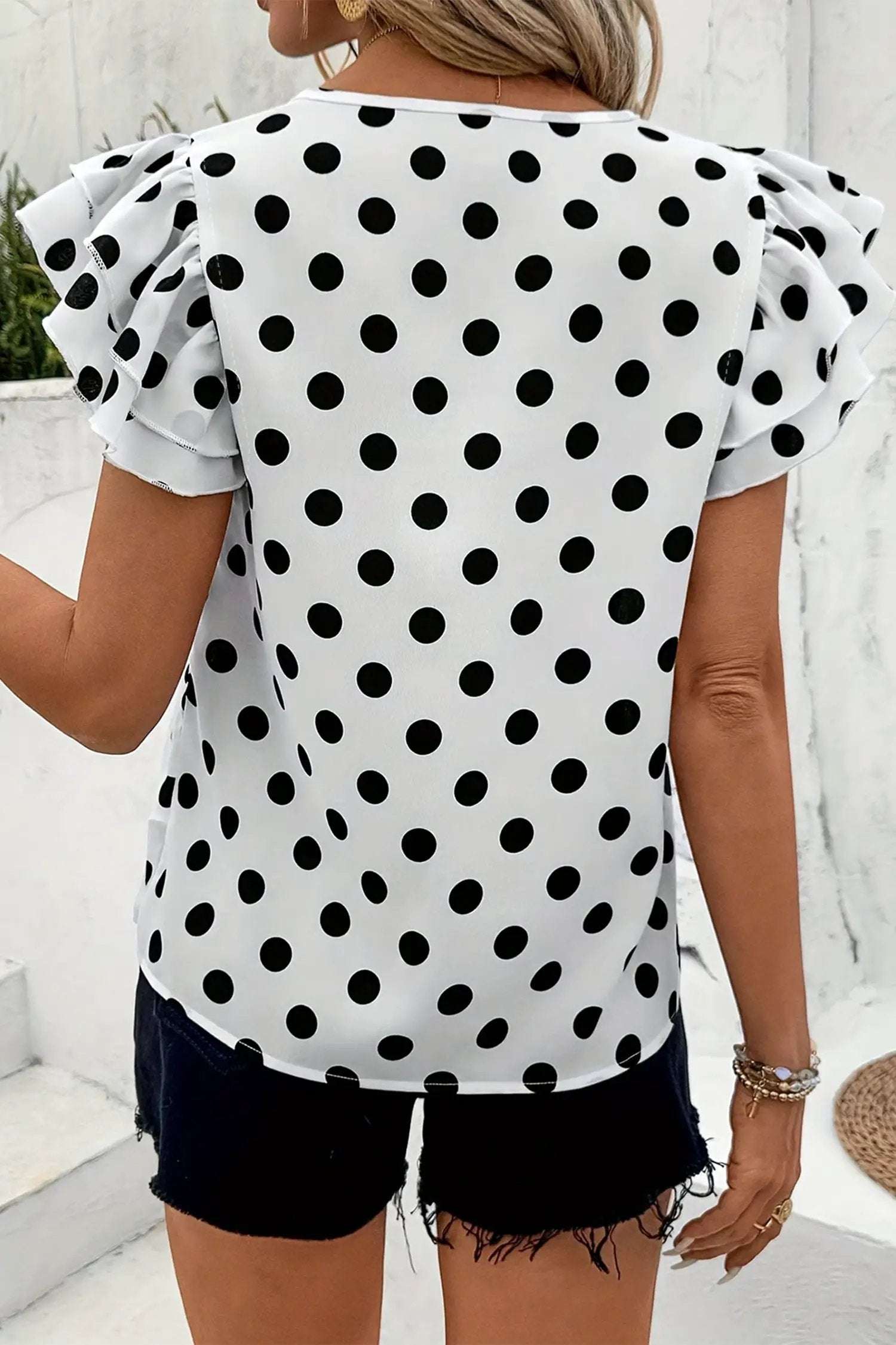 Dear-Lover Dropshipping White Polka Dot Print Ruffled Short Sleeve Blouse - Tops/Blouses & Shirts