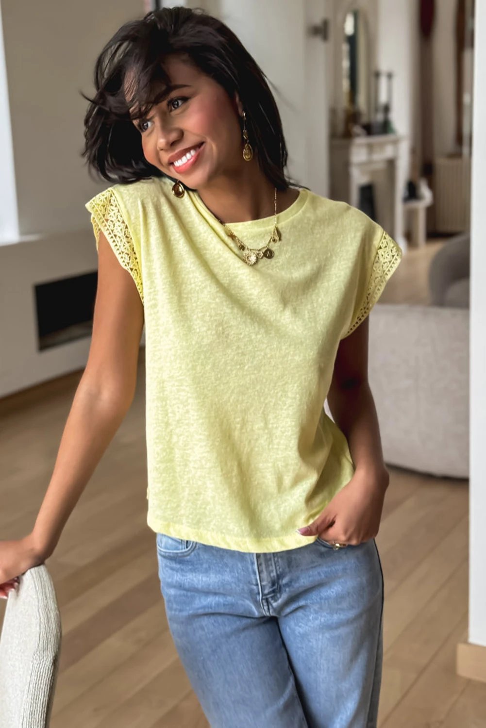 yellow cream lace patchwork cap sleeve round neck t shirt for women casual everyday outfit