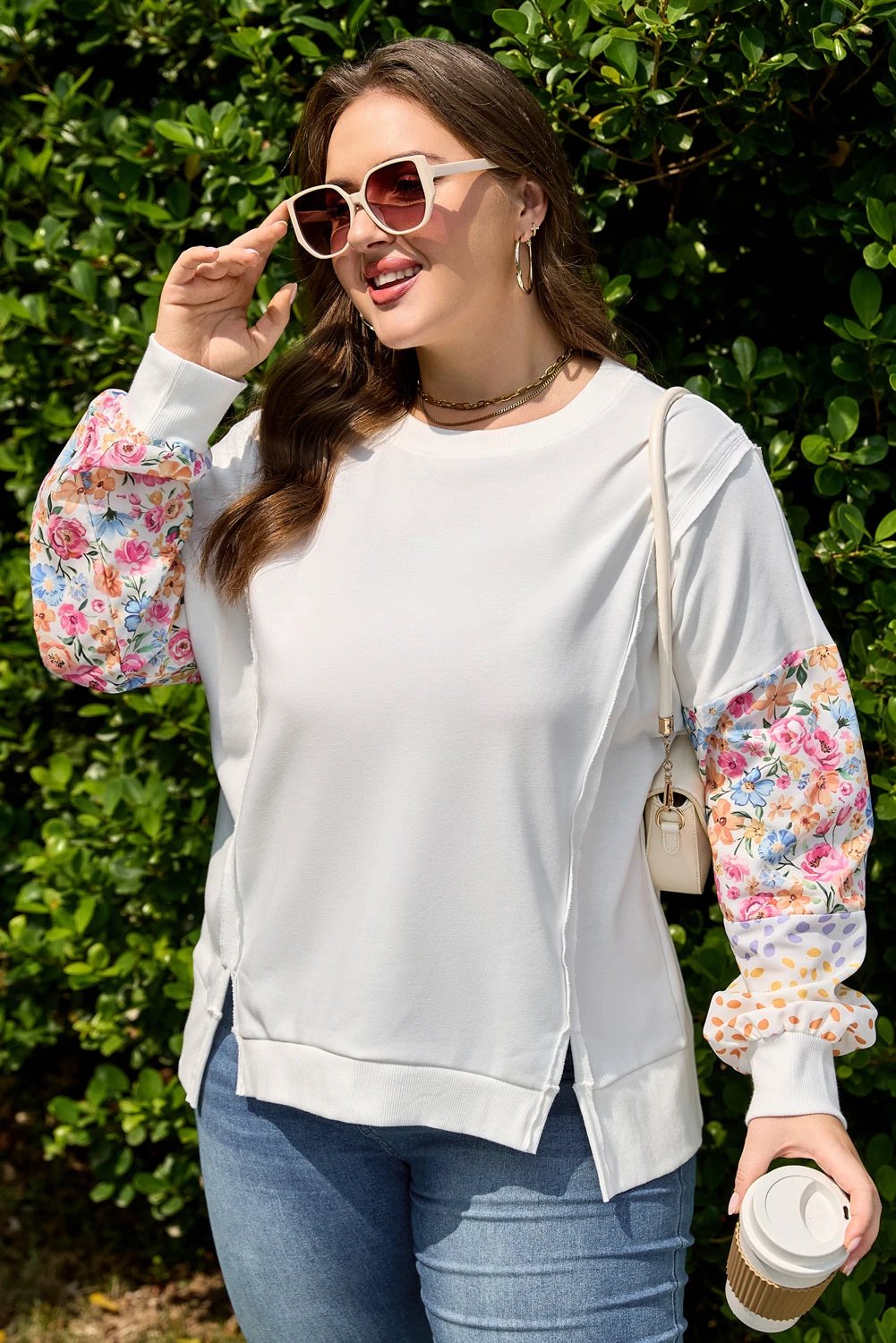 white plus size exposed seam detail contrast dot floral patchwork sleeve sweatshirt for women casual everyday outfit