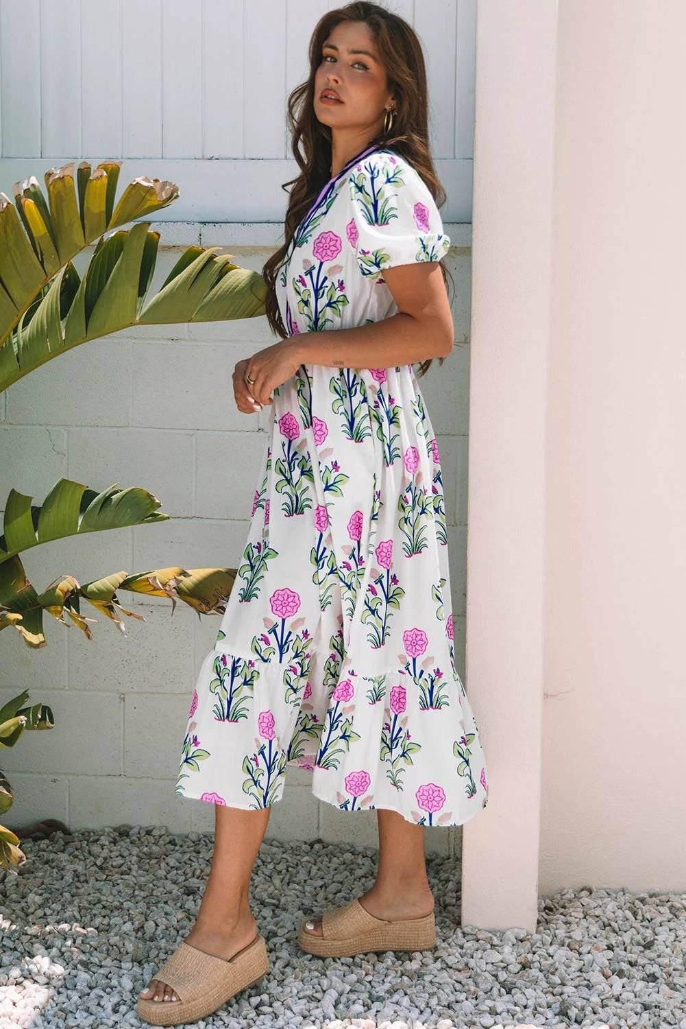 sky blue floral puff short sleeve v neck high waist maxi dress for women casual everyday outfit