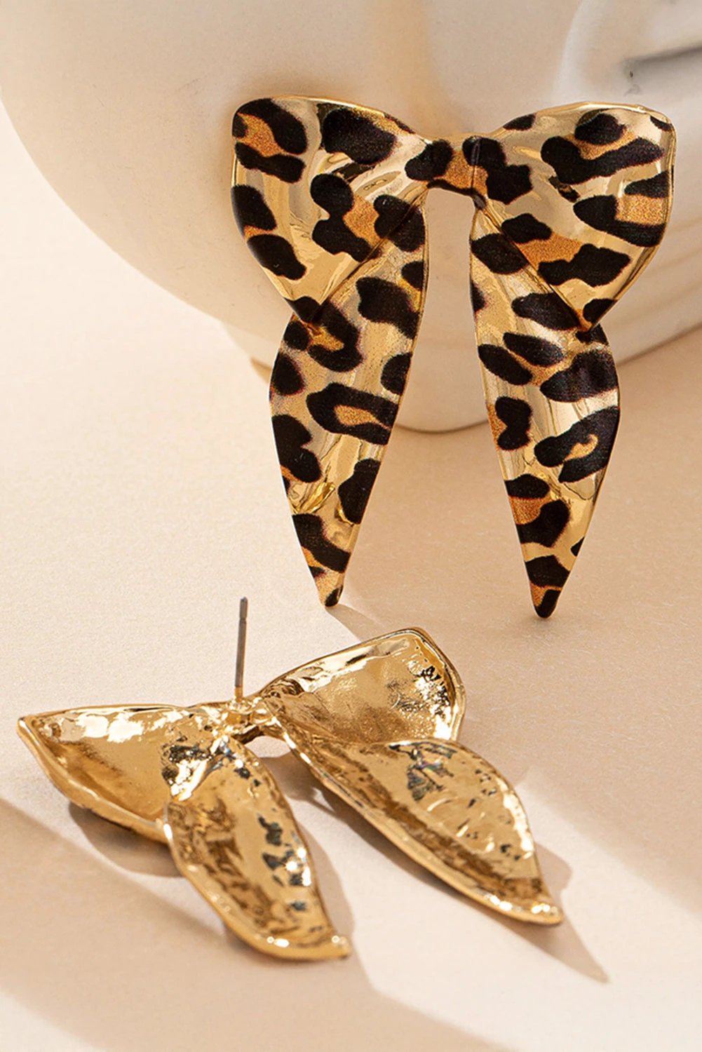 gold leopard print bow knot shape plated alloy earrings for women casual everyday outfit
