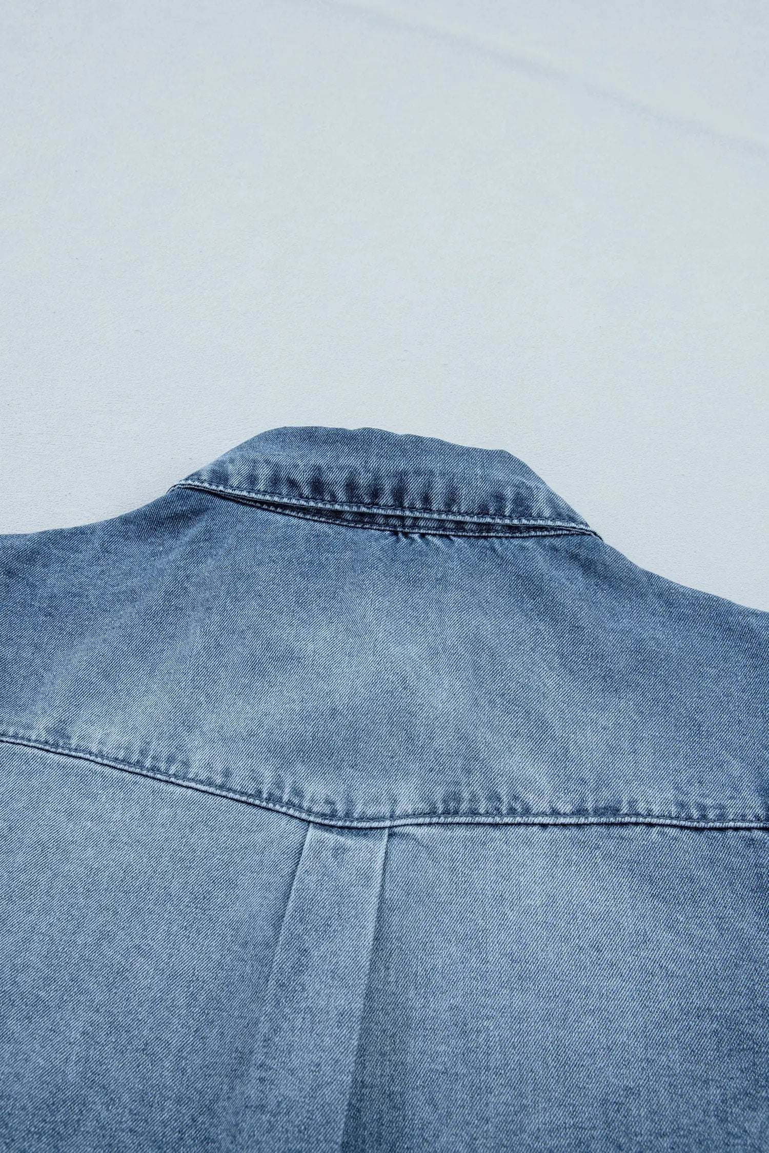 Western Chic frilled short sleeve denim shirt with snap buttons in classic blue