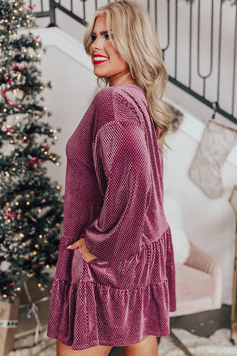 Plus size textured velvet tiered dress in meadow mauve with front button details and relaxed A-line silhouette