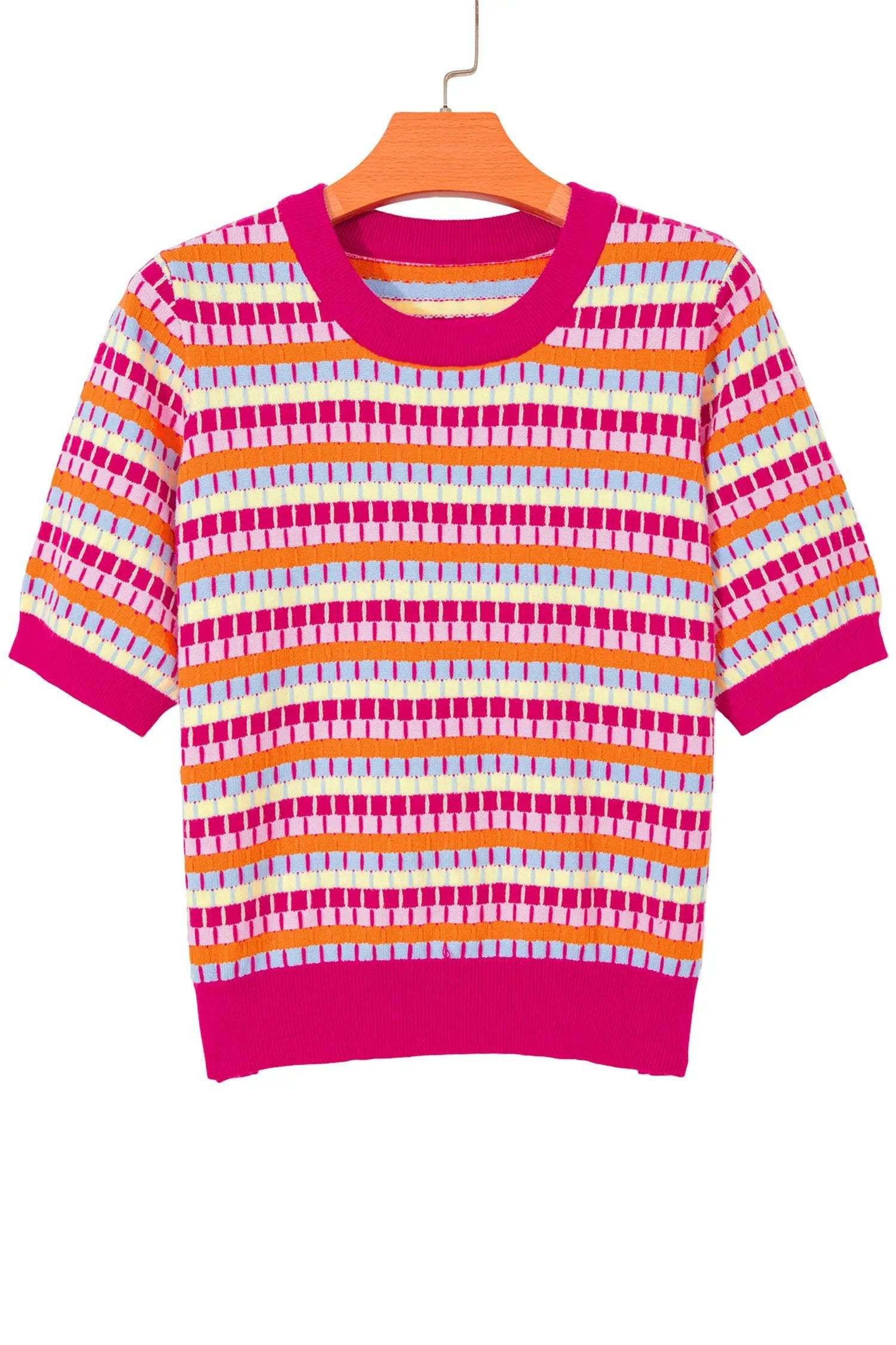 Woman wearing orange striped knit sweater with short sleeves and abstract stripes