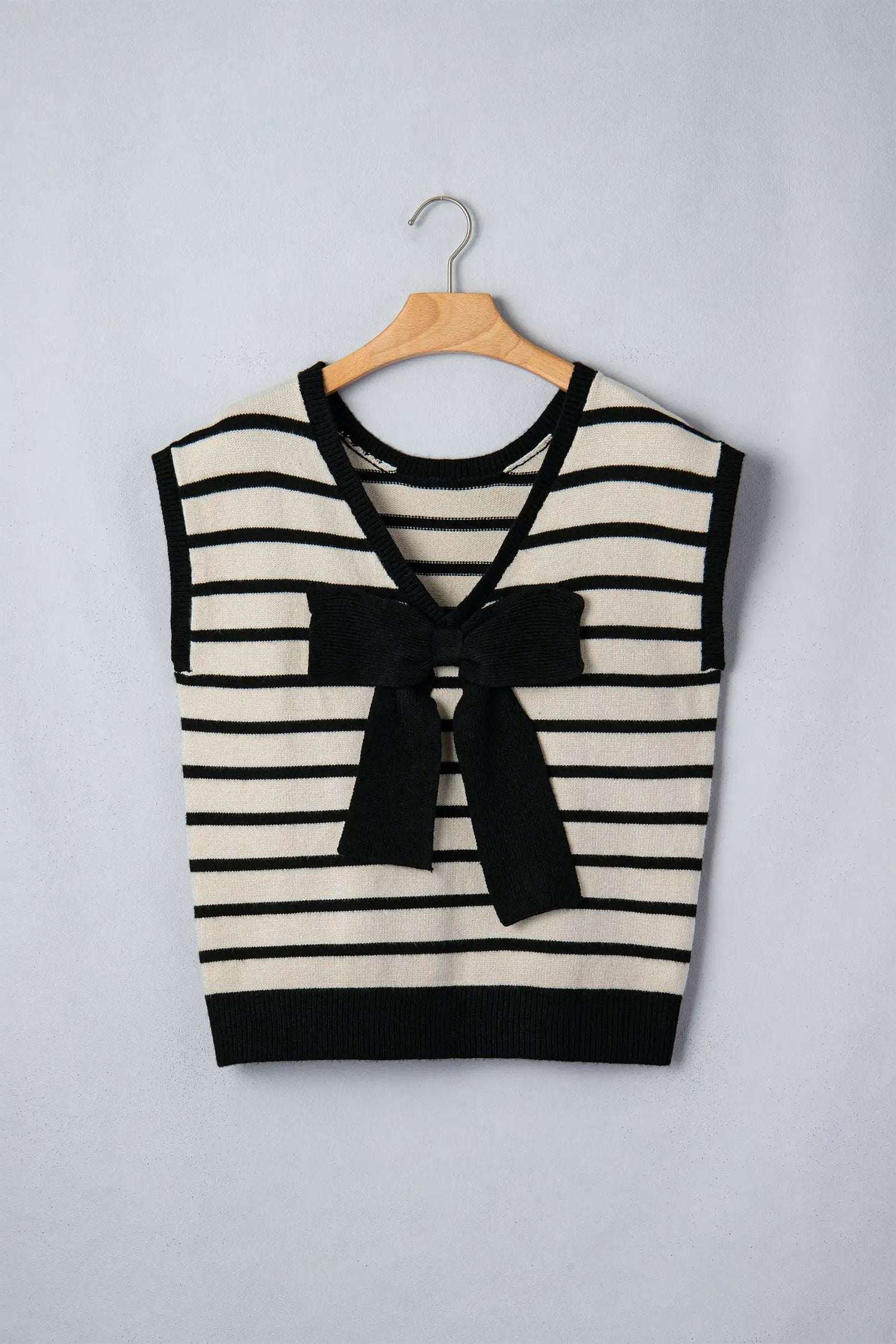 Dear-Lover Dropshipping Black Stripe Bow Applique Short Sleeve Sweater - Sweaters & Cardigans/Short Sleeve Sweaters