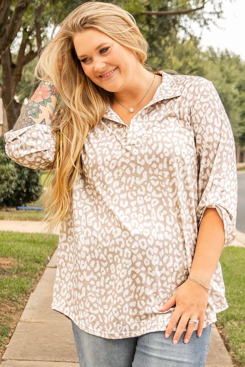 Dear-Lover Dropshipping Apricot Leopard Tab Sleeve V Neck Plus Size Top - Plus Size/Plus Size Tops/Plus Size Blouses & Shirts