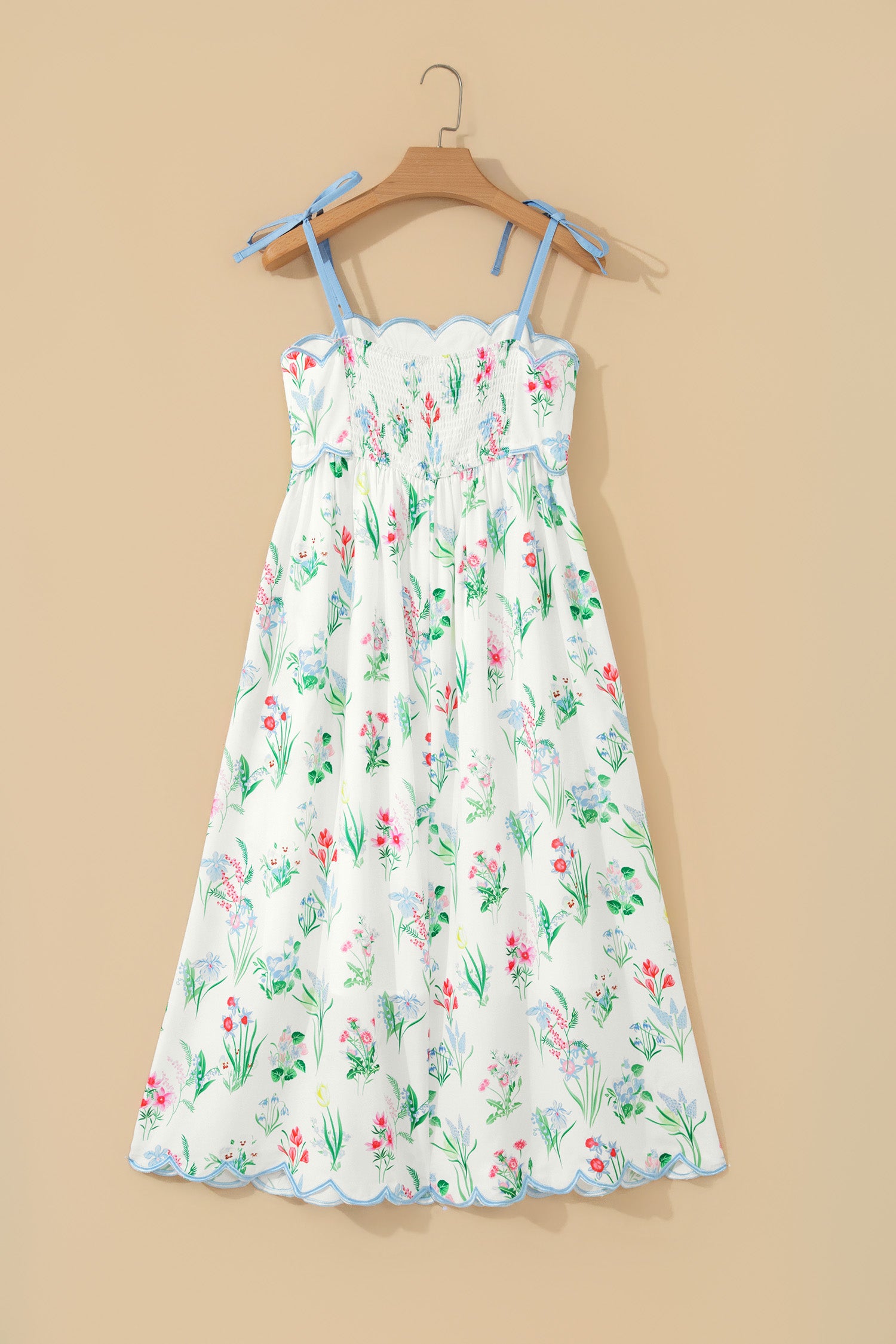 Floral Print Contrast Trim Self-tie Straps High-Waisted Midi Dress — everyday dress for women | J&H Apparel