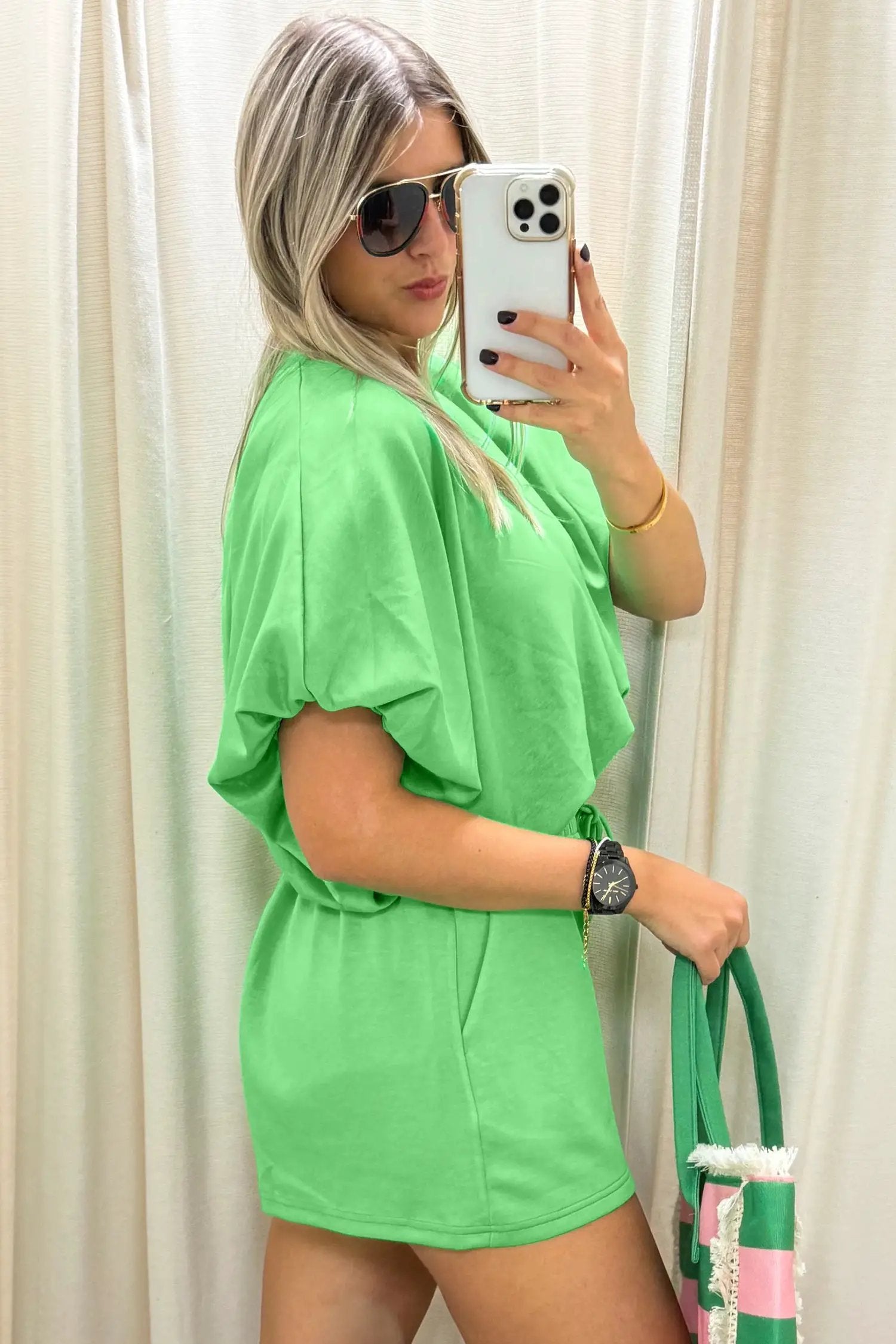 green solid color puffy loose top drawstring shorts 2pcs outfit for women casual everyday outfit