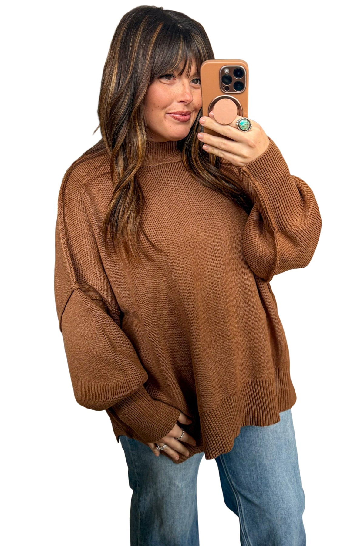 Plus Size Oversized Ribbed Knit Long Sleeve Tunic Sweater