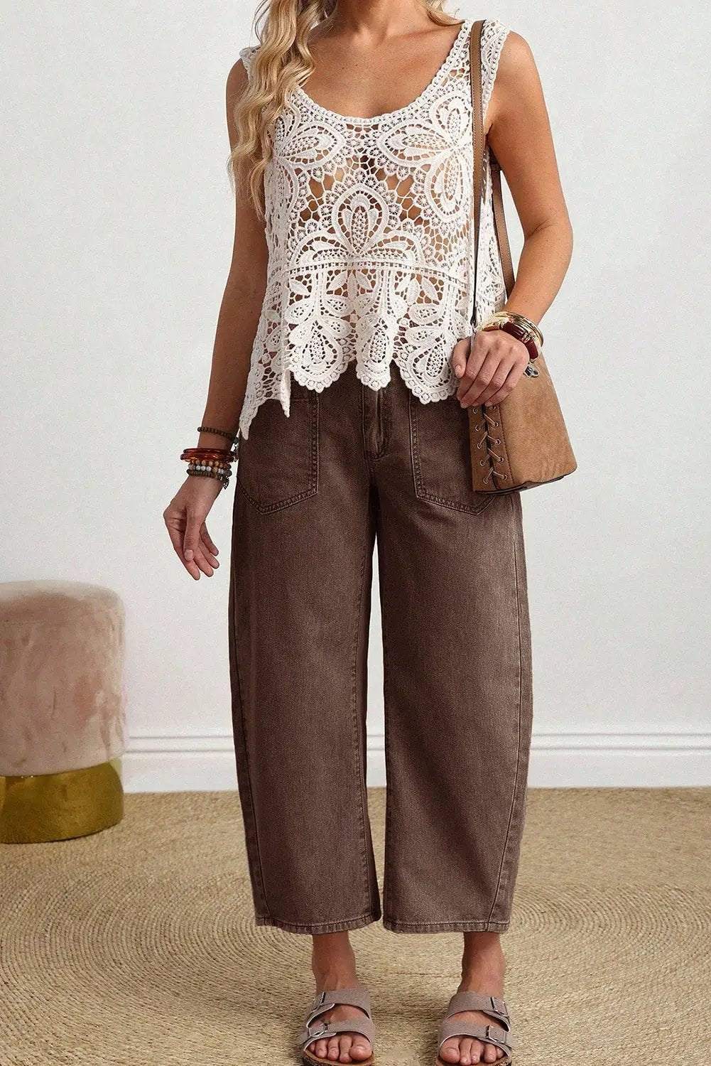 Barrel Jeans coffee brown ankle-length denim with square patch pockets