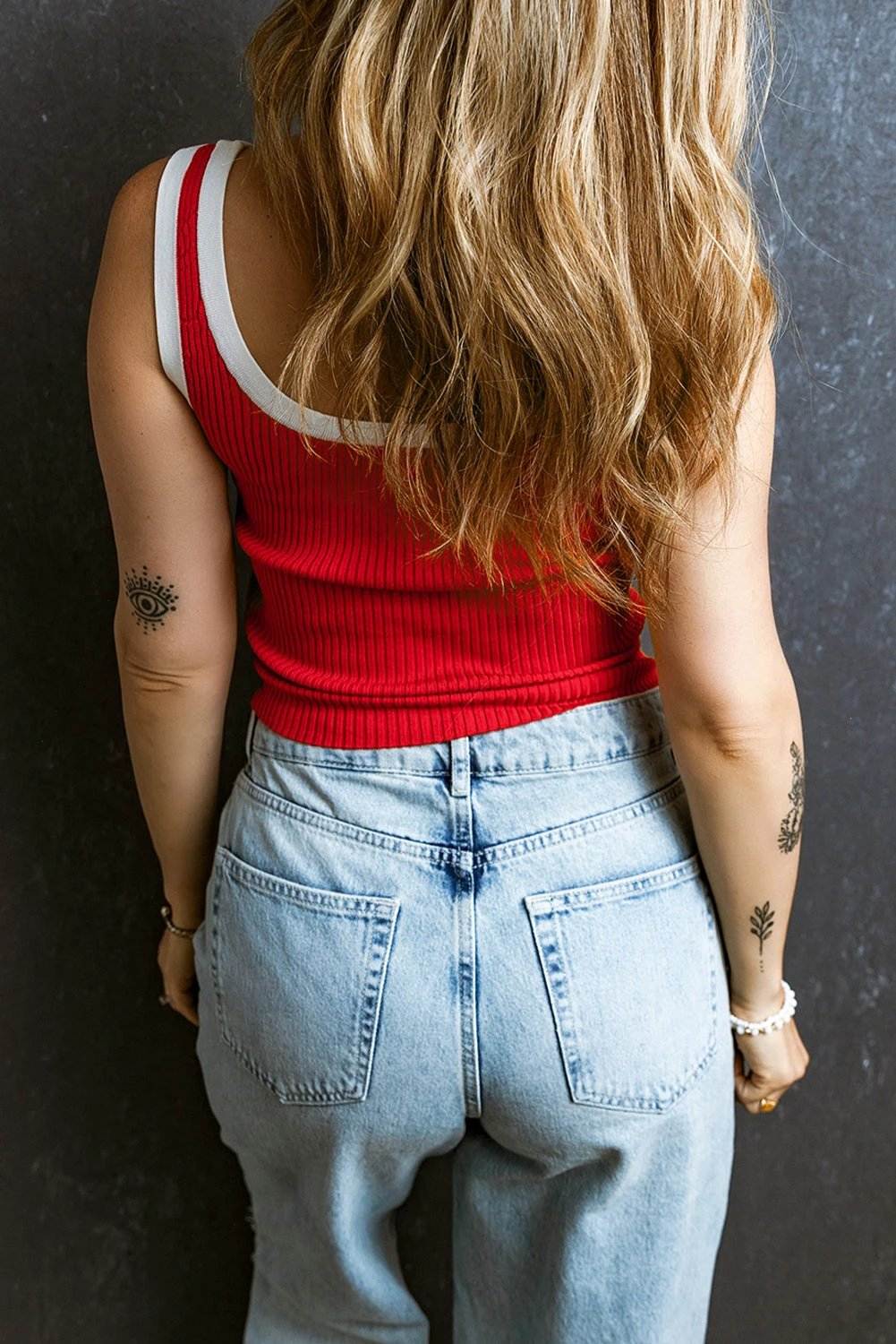 Dear-Lover Dropshipping Fiery Red Colorblock Edge Ribbed Knit U Neck Tank Top - Tops/Tank Tops