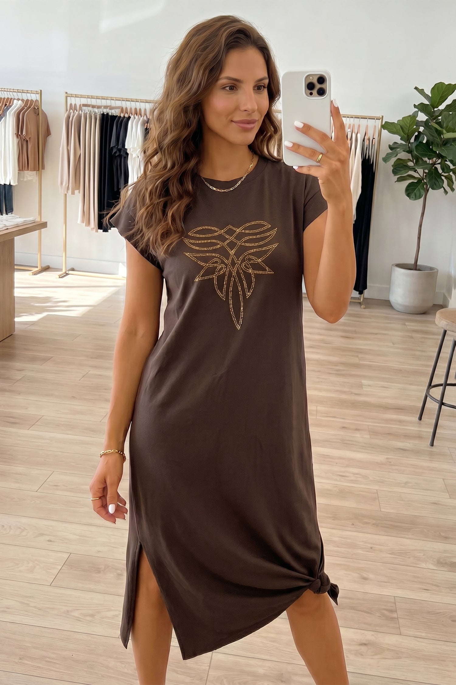 Red Sandalwood Rhinestone Western Graphic Side Slit Midi T-Shirt Dress
