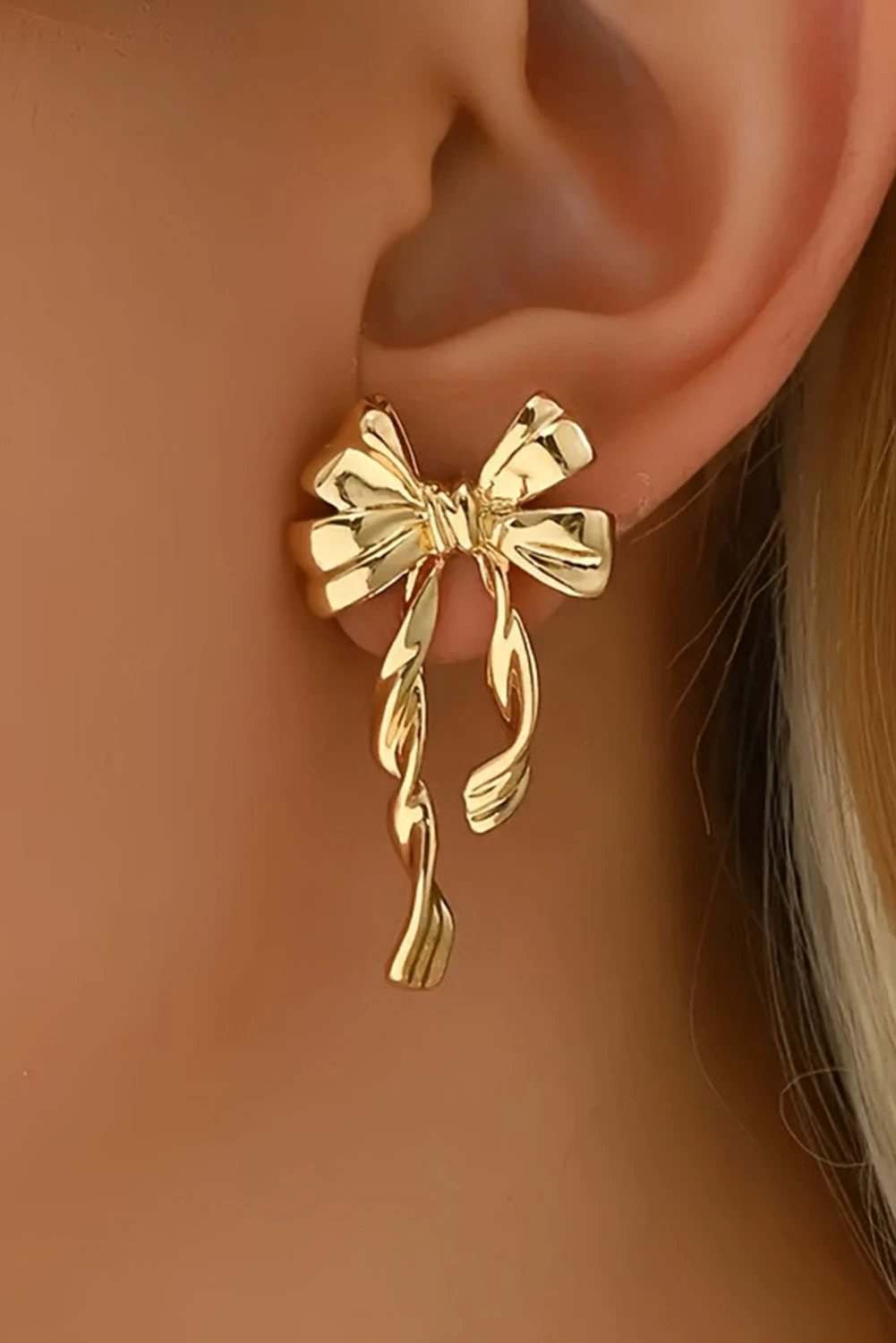 gold bow knot plated alloy stud earrings for women casual everyday outfit