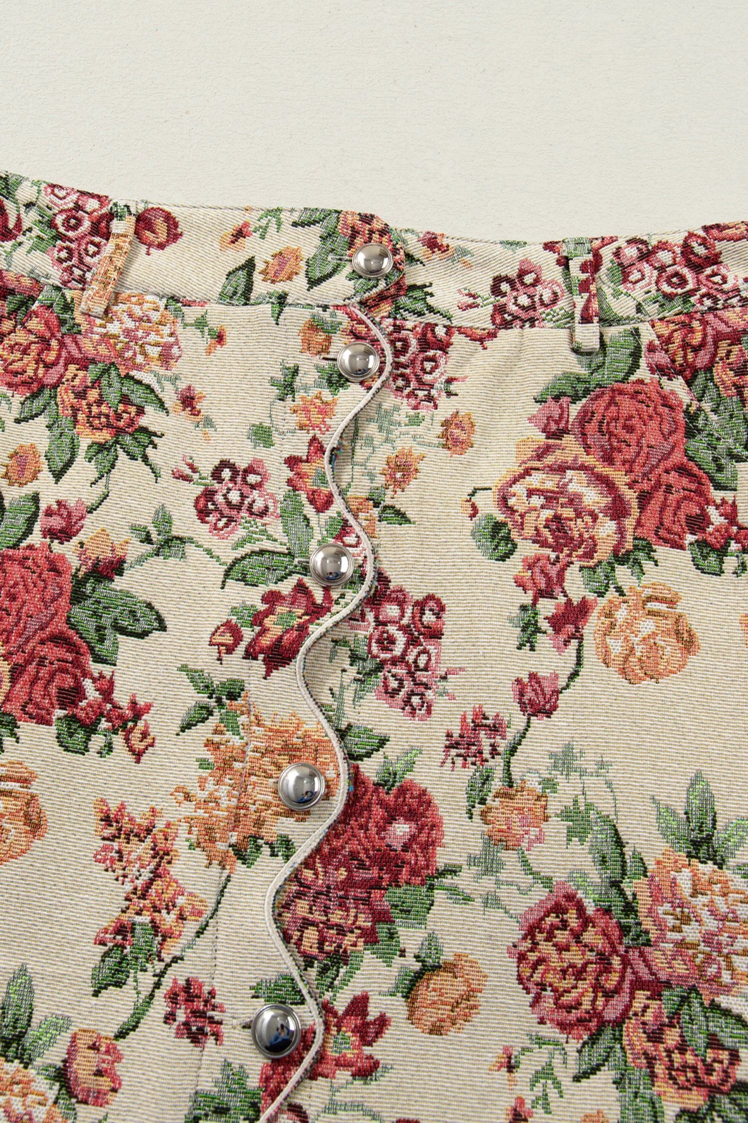 apricot buttoned front scalloped trim mini jacquard floral skirt for women casual everyday outfit