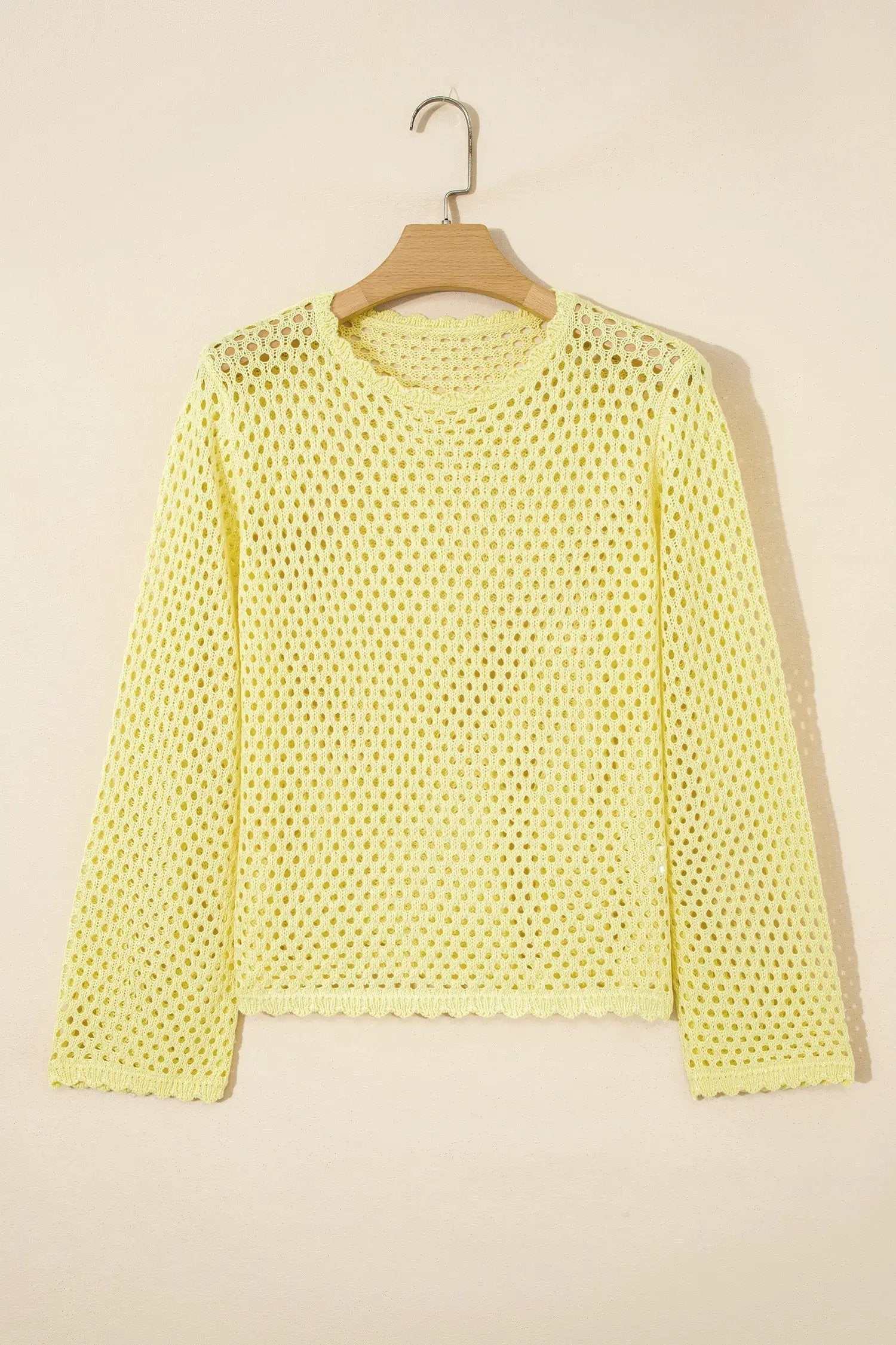 Hollow Out Knit Top with scalloped trim and long sleeves