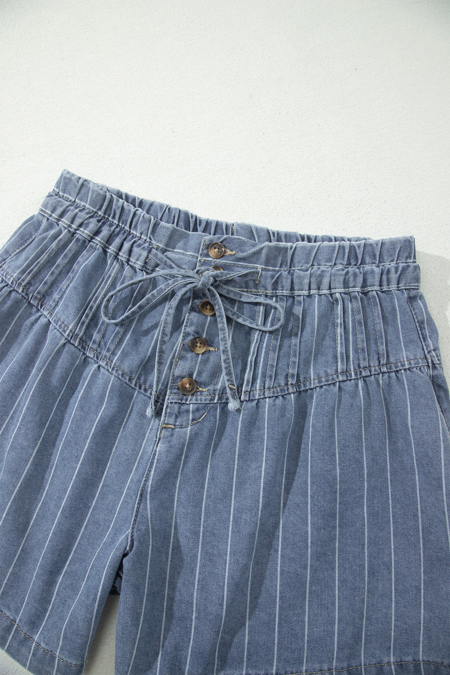 Stripe Drawstring Button Pleated High-Waisted Denim Shorts — women's everyday bottoms | J&H Apparel