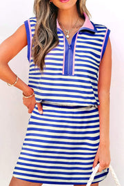 Dear-Lover Dropshipping Dark Blue Textured Stripe Print Contrast Trim Zip Collar Sleeveless 2pcs Skort Set - Two Piece Sets/Two Piece Dresses